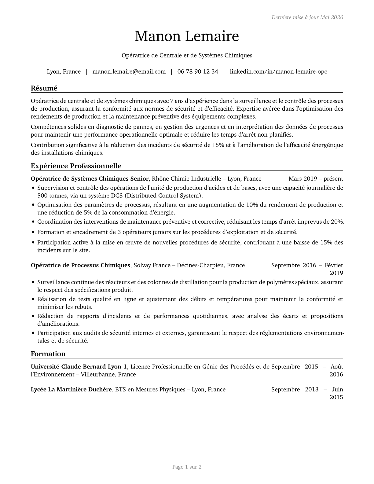 Chemical Plant and System Operators CV in French — page 1