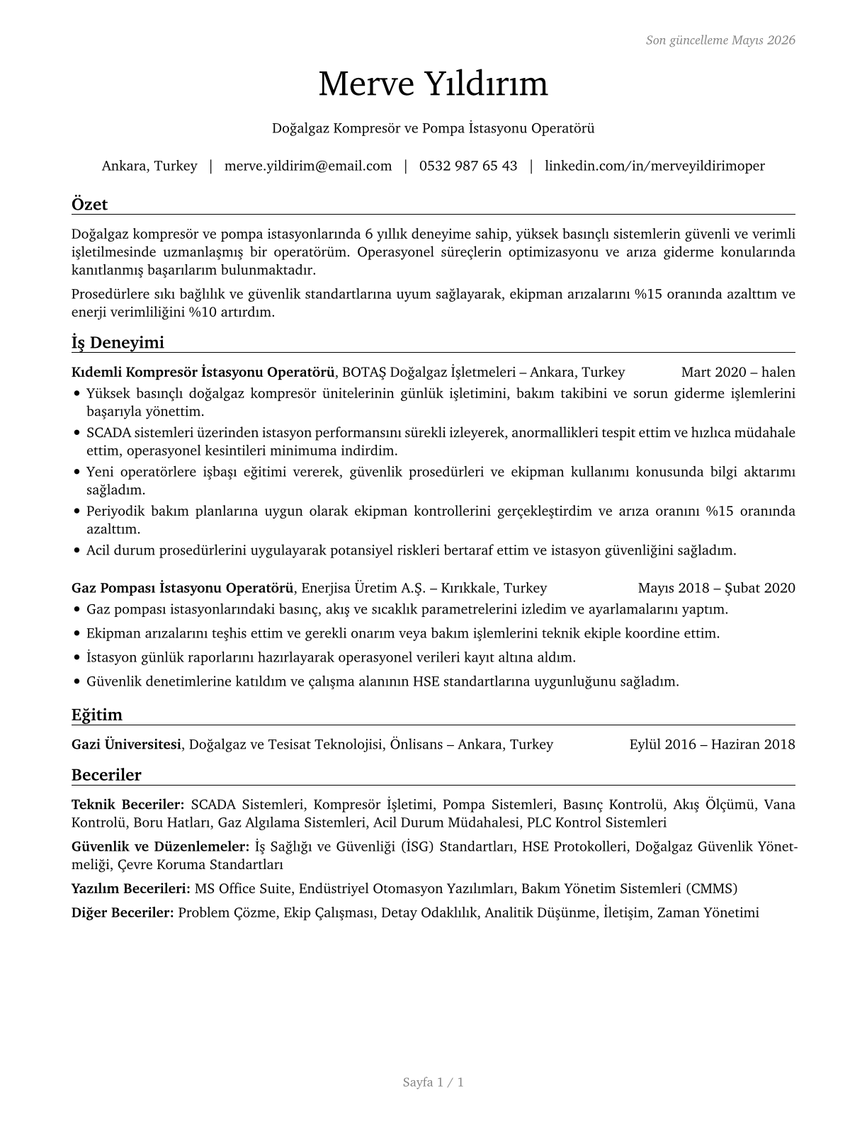 Gas Compressor and Gas Pumping Station Operators CV in Turkish — page 1