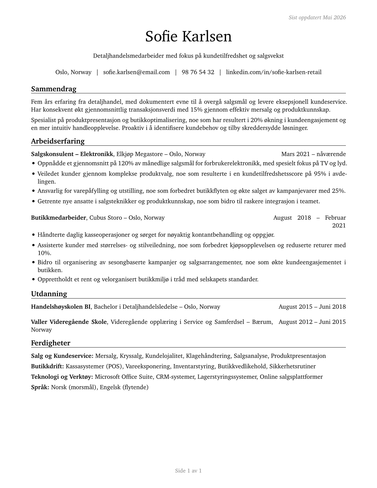 Retail Salespersons CV in Norwegian_bokmal — page 1