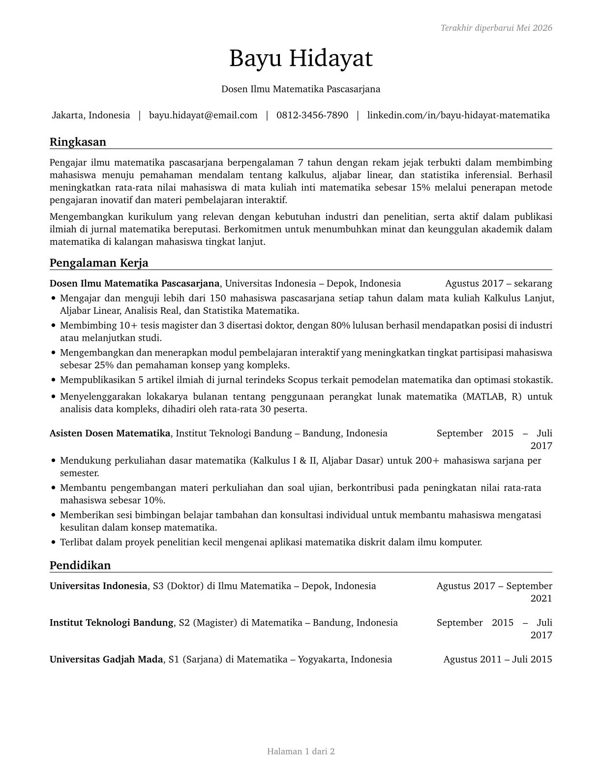 Mathematical Science Teachers, Postsecondary CV in Indonesian — page 1