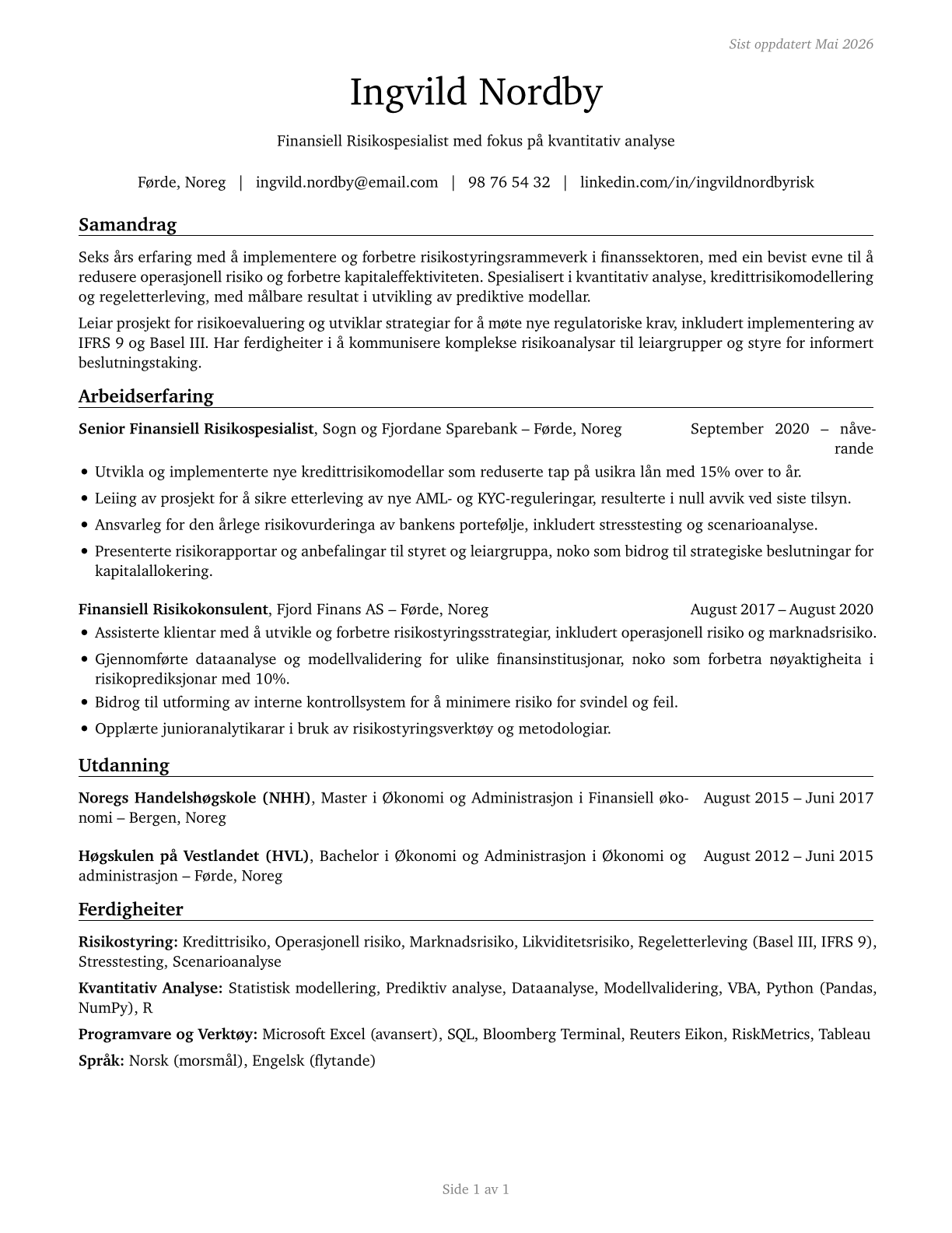 Financial Risk Specialists CV in Norwegian_nynorsk — page 1