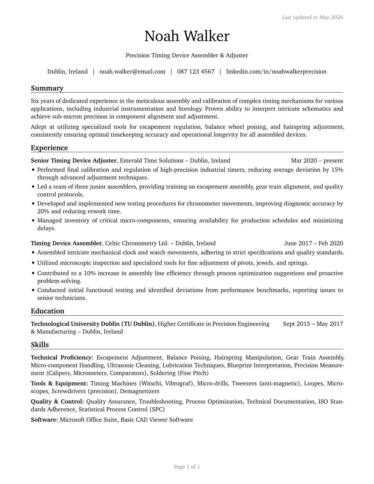 Timing Device Assemblers and Adjusters CV in English — page 1