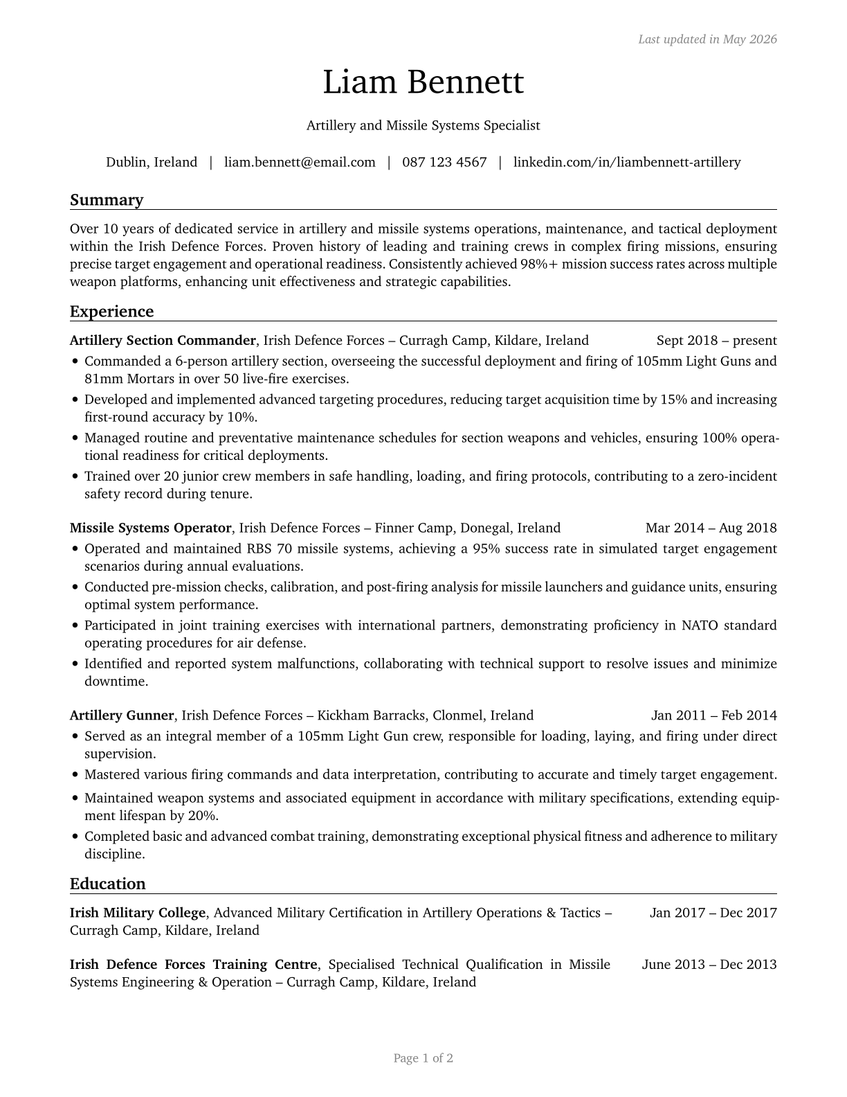 Artillery and Missile Crew Members CV in English — page 1
