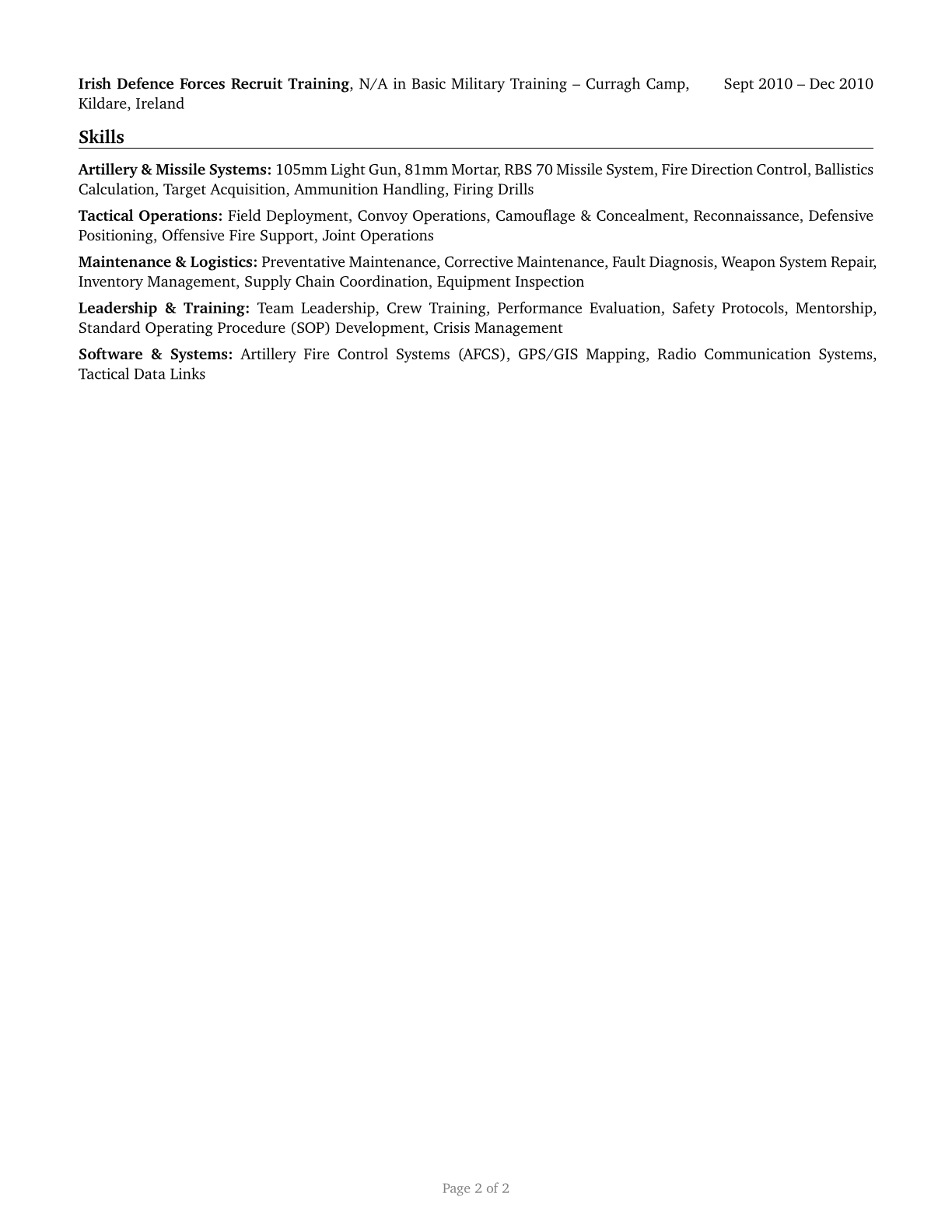 Artillery and Missile Crew Members CV in English — page 2
