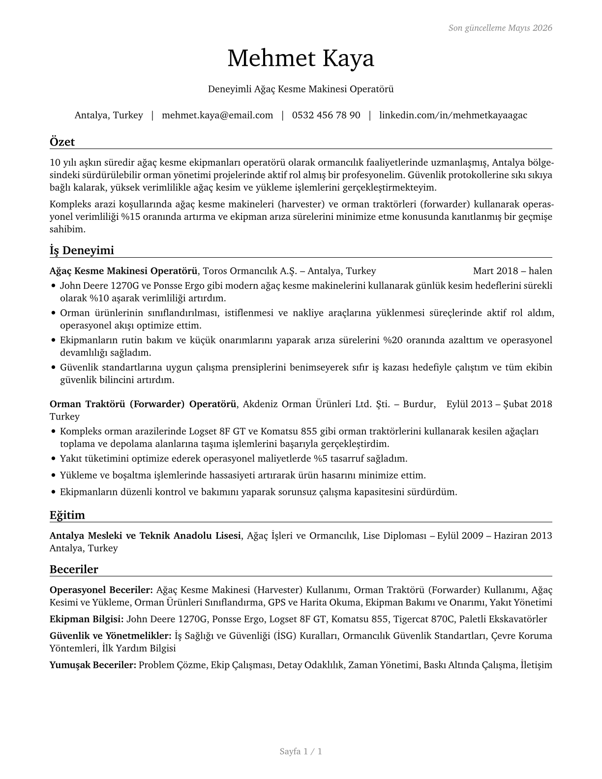 Logging Equipment Operators CV in Turkish — page 1