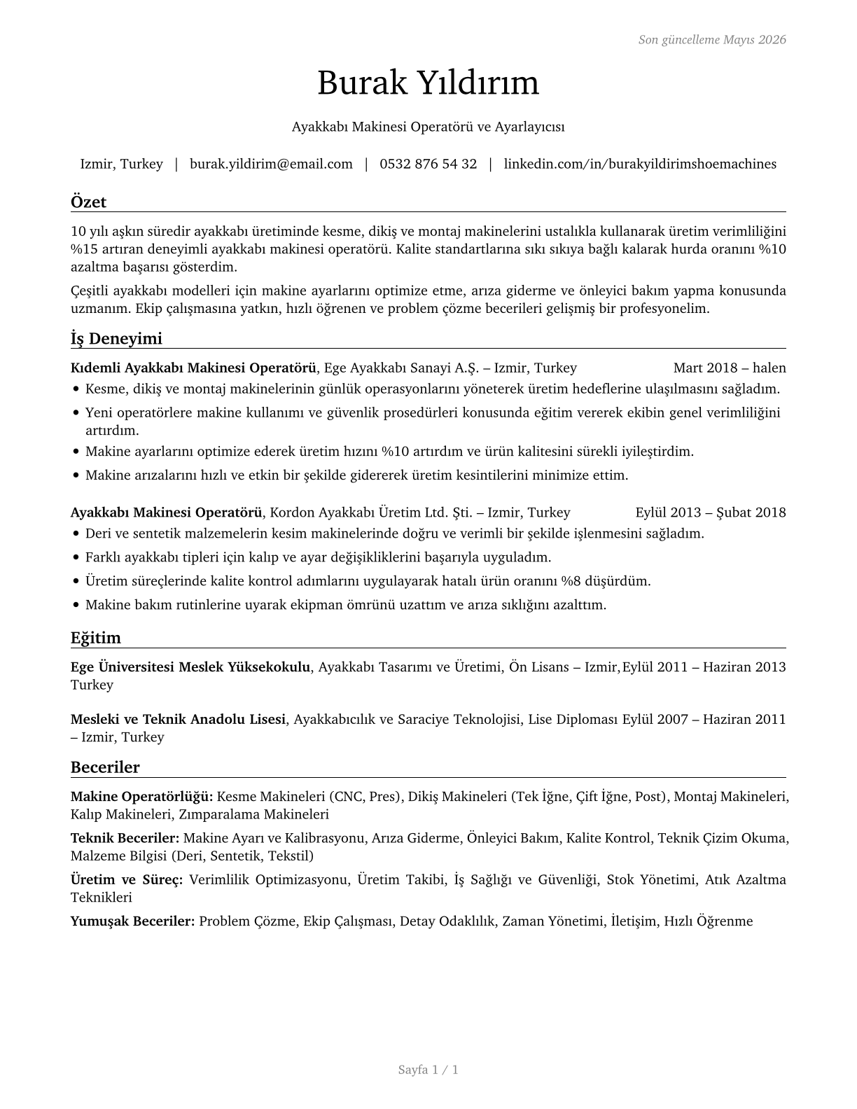 Shoe Machine Operators and Tenders CV in Turkish — page 1