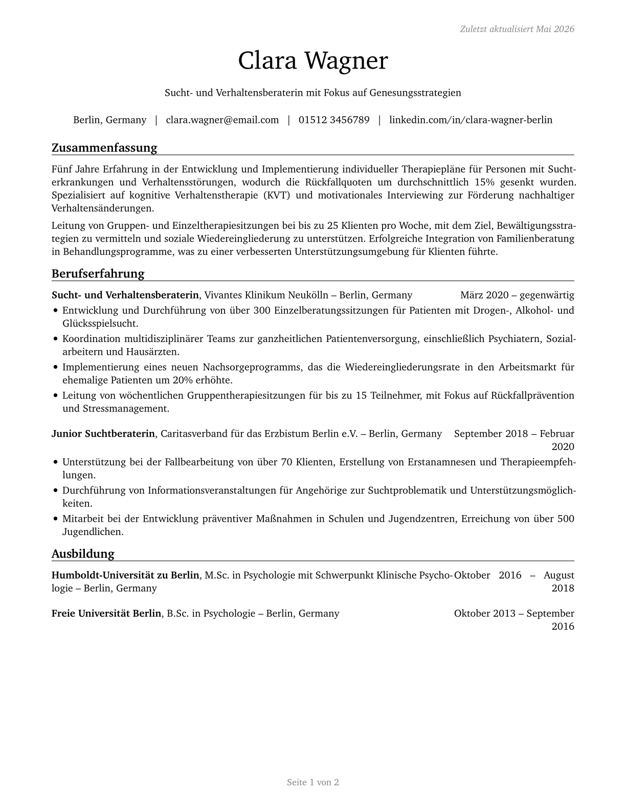 Substance Abuse and Behavioral Disorder Counselors CV in German — page 1