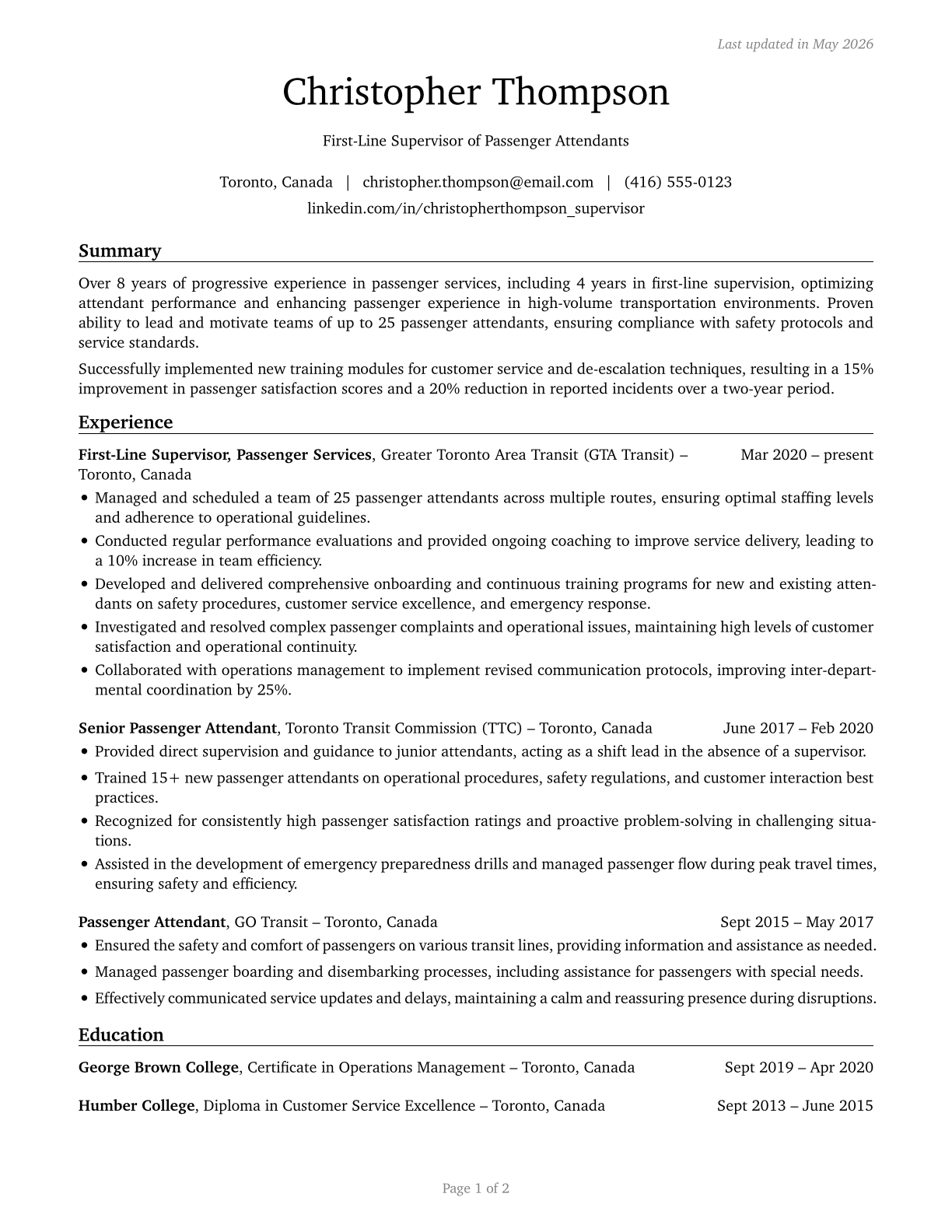 First-Line Supervisors of Passenger Attendants CV in English — page 1
