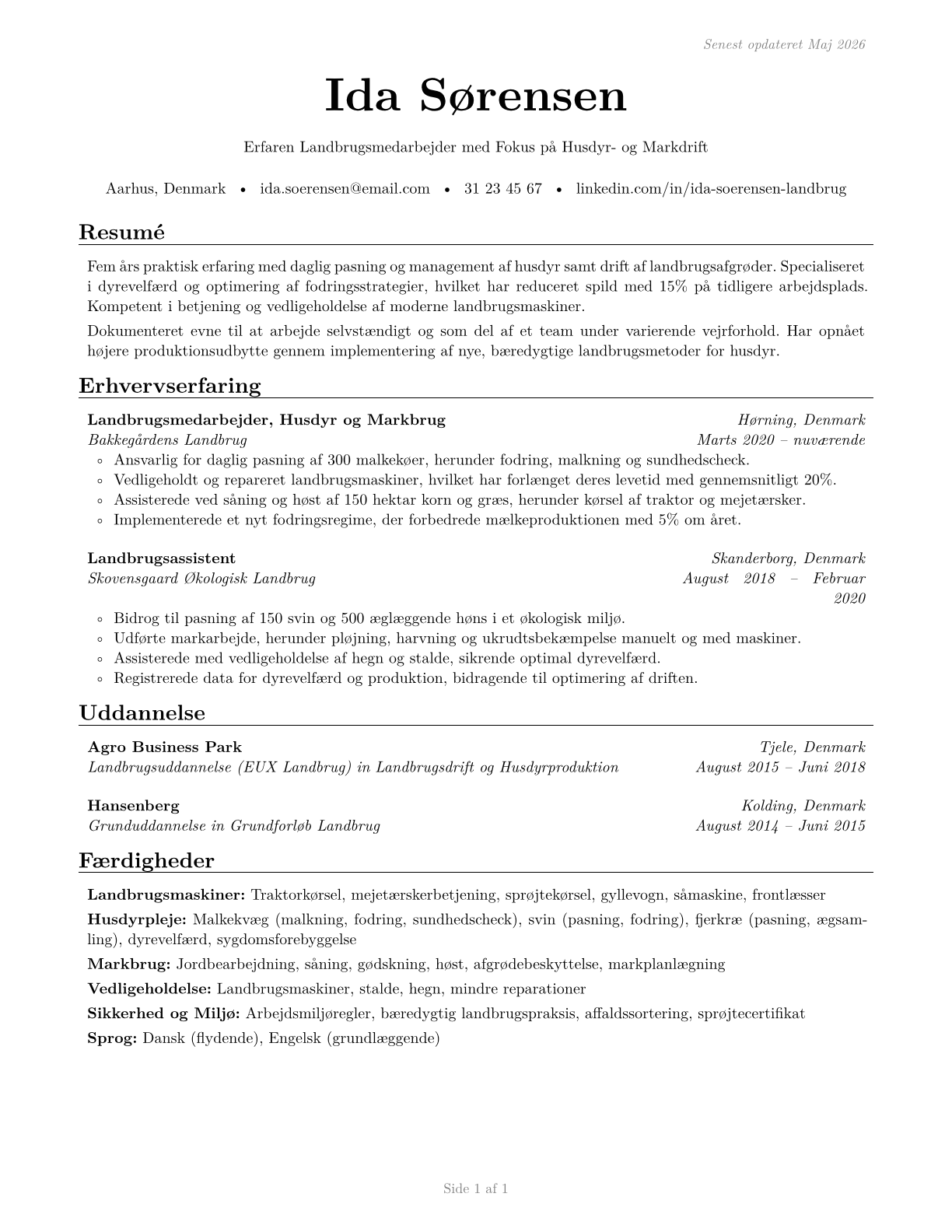Farmworkers, Farm, Ranch, and Aquacultural Animals CV in Danish — page 1