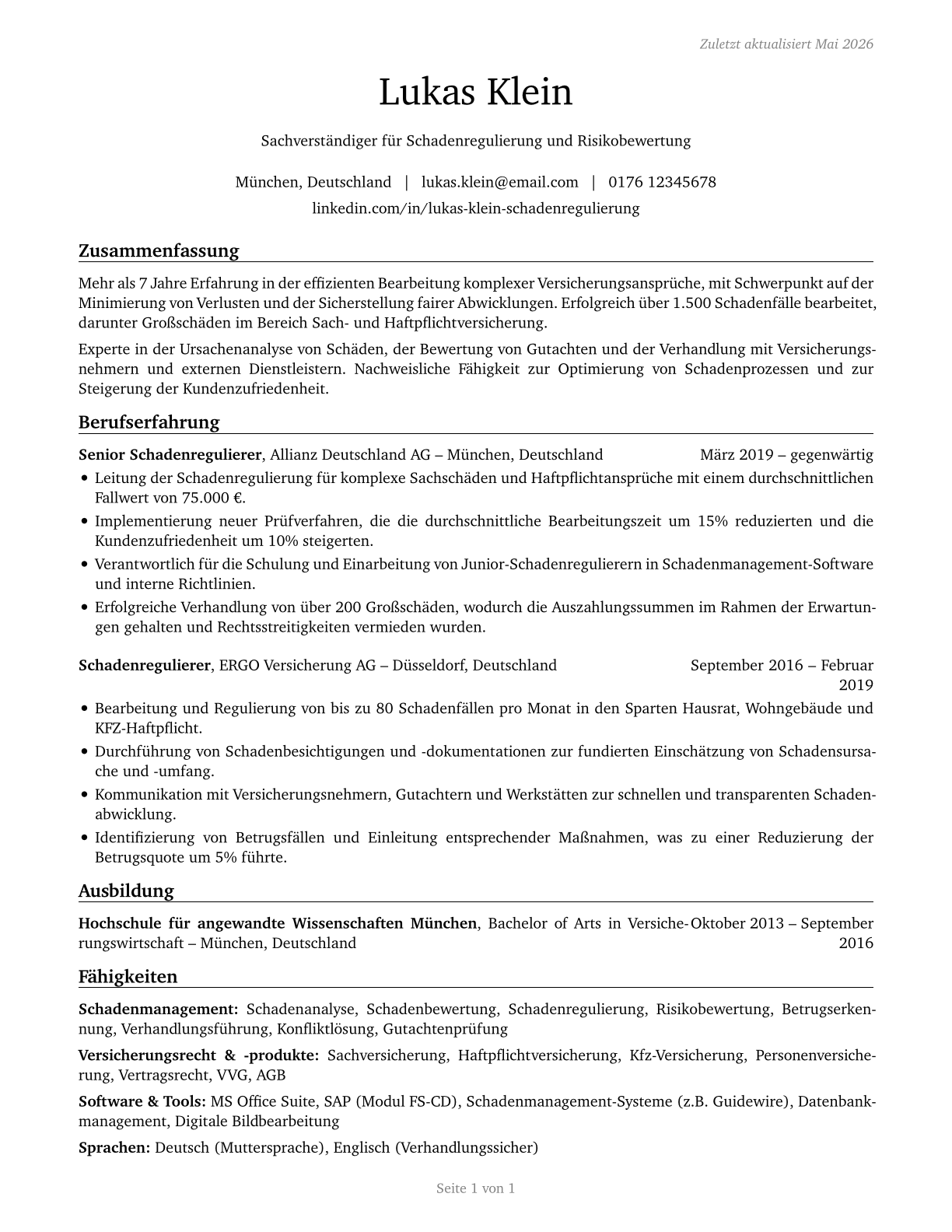 Claims Adjusters, Examiners, and Investigators CV in German — page 1
