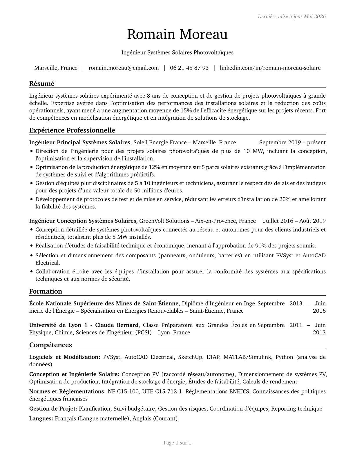Solar Energy Systems Engineers CV in French — page 1