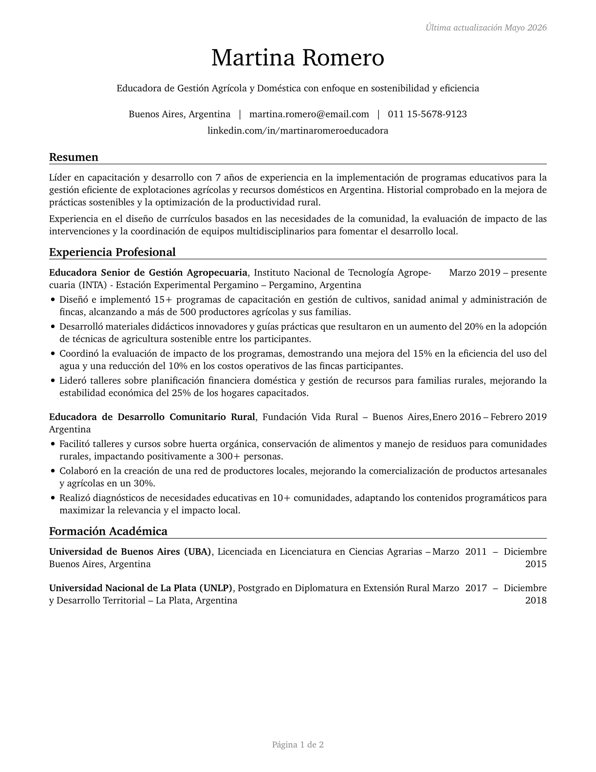 Farm and Home Management Educators CV in Spanish — page 1