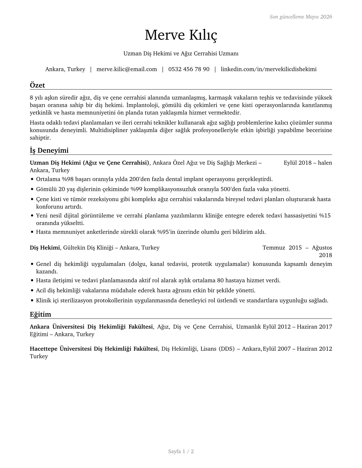 Dentists, All Other Specialists CV in Turkish — page 1