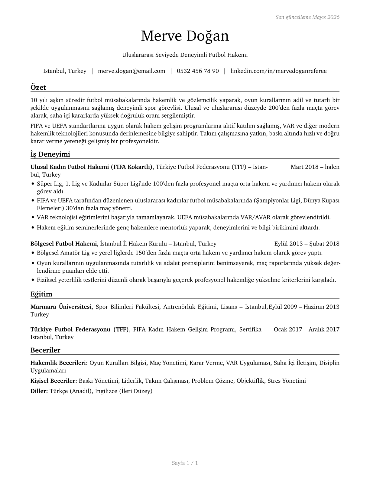 Umpires, Referees, and Other Sports Officials CV in Turkish — page 1