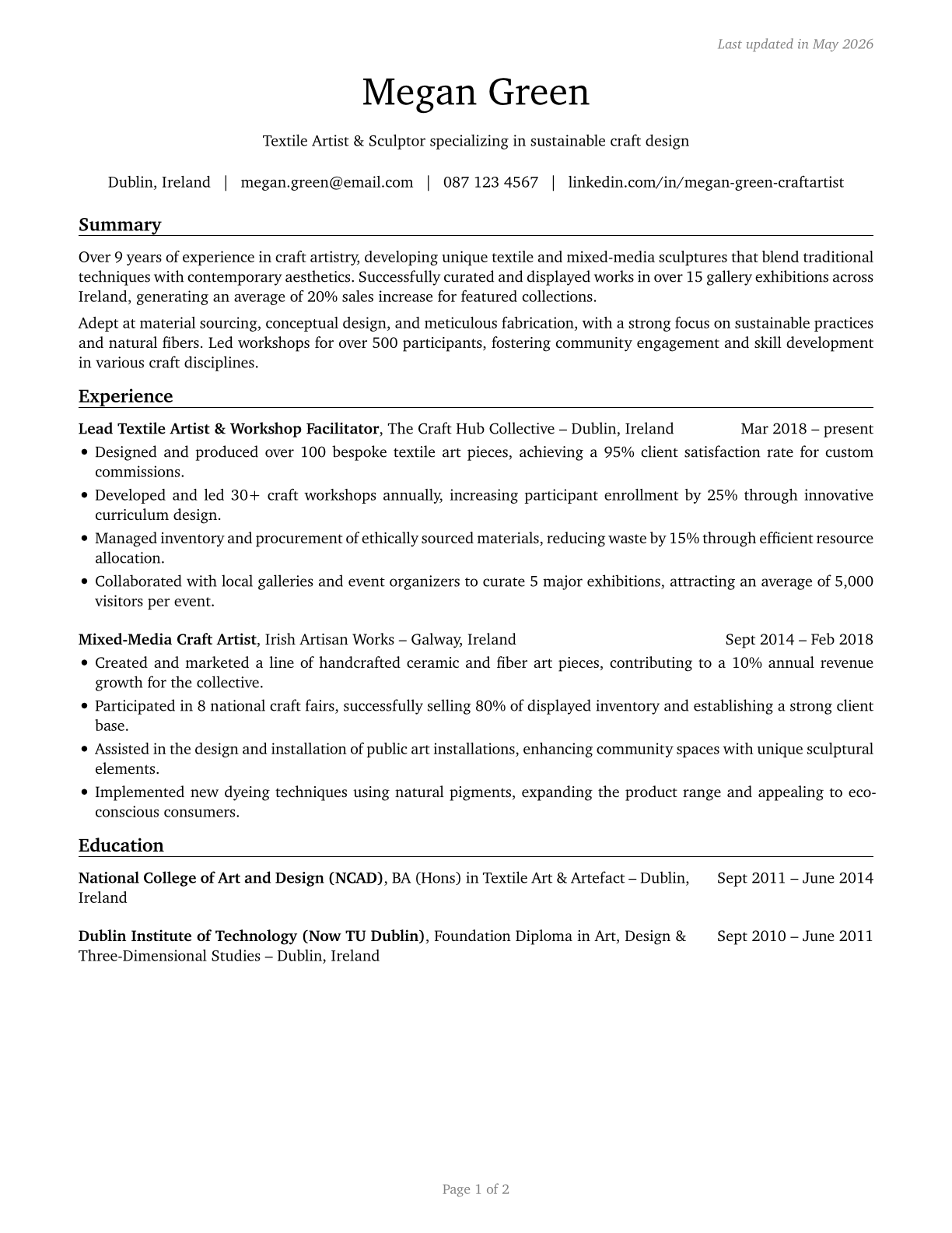 Craft Artists CV in English — page 1