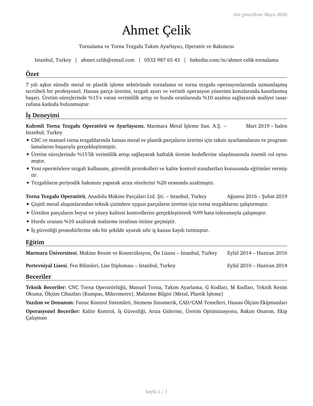 Lathe and Turning Machine Tool Setters, Operators, and Tenders, Metal and Plastic CV in Turkish — page 1
