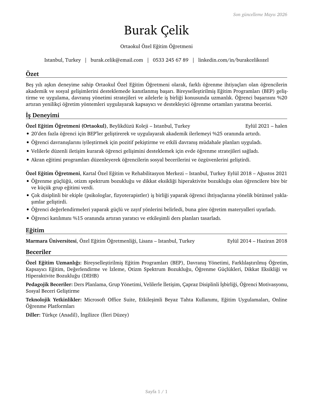Special Education Teachers, Middle School CV in Turkish — page 1