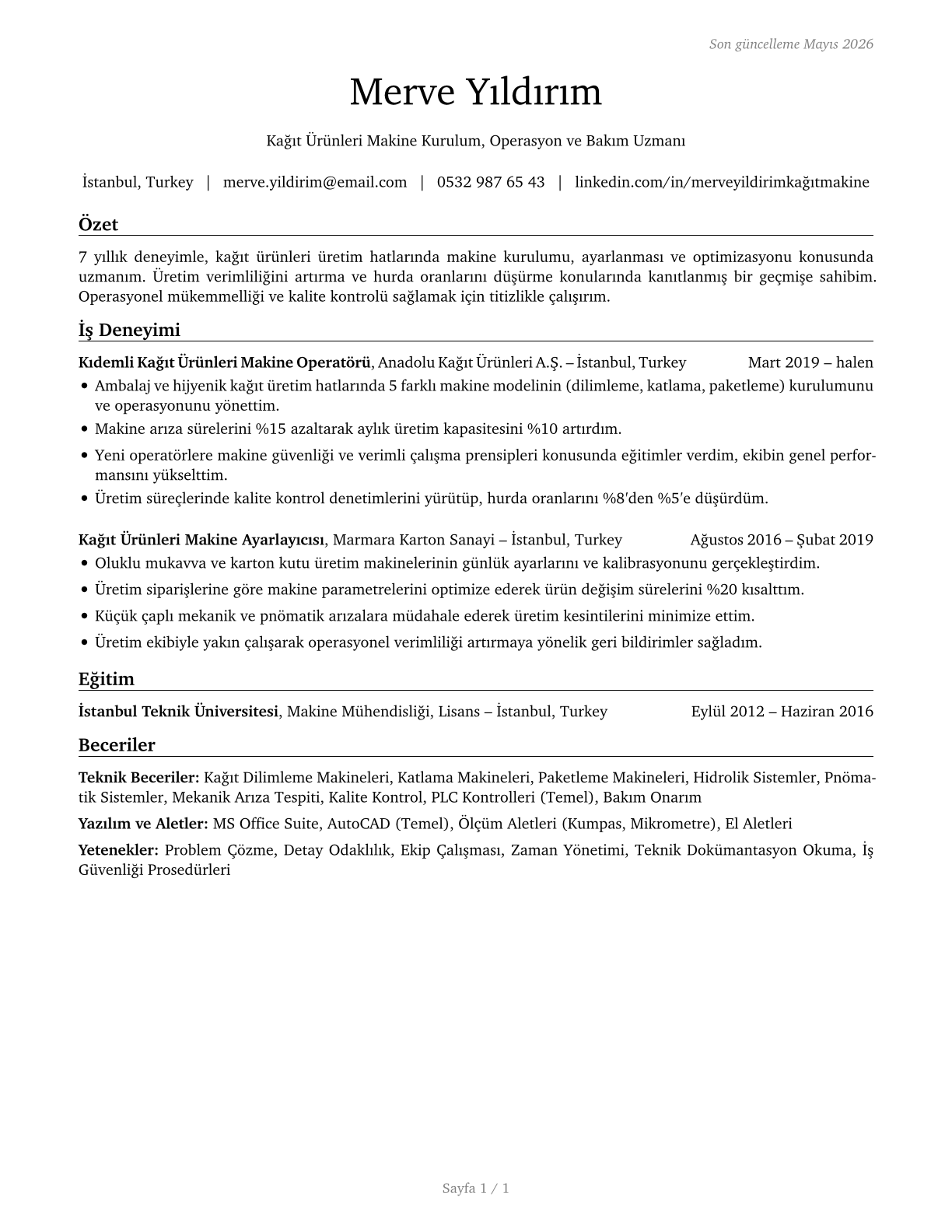 Paper Goods Machine Setters, Operators, and Tenders CV in Turkish — page 1
