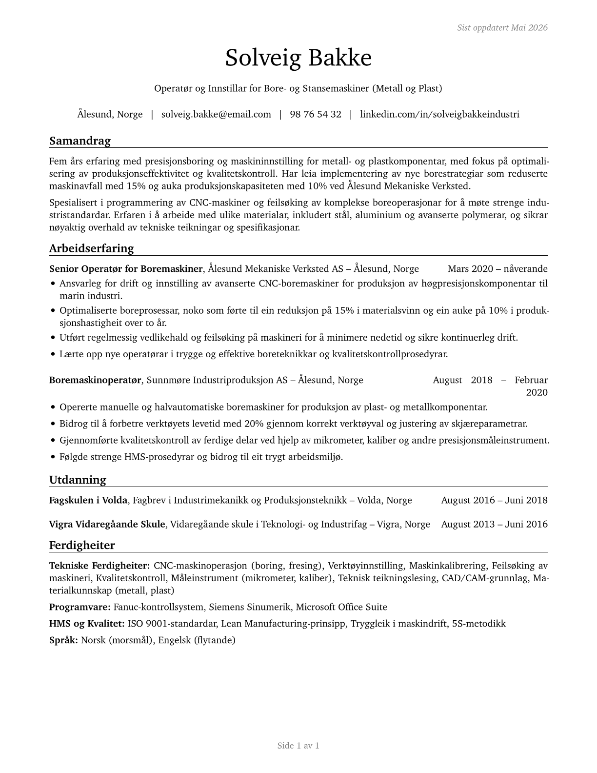 Drilling and Boring Machine Tool Setters, Operators, and Tenders, Metal and Plastic CV in Norwegian_nynorsk — page 1
