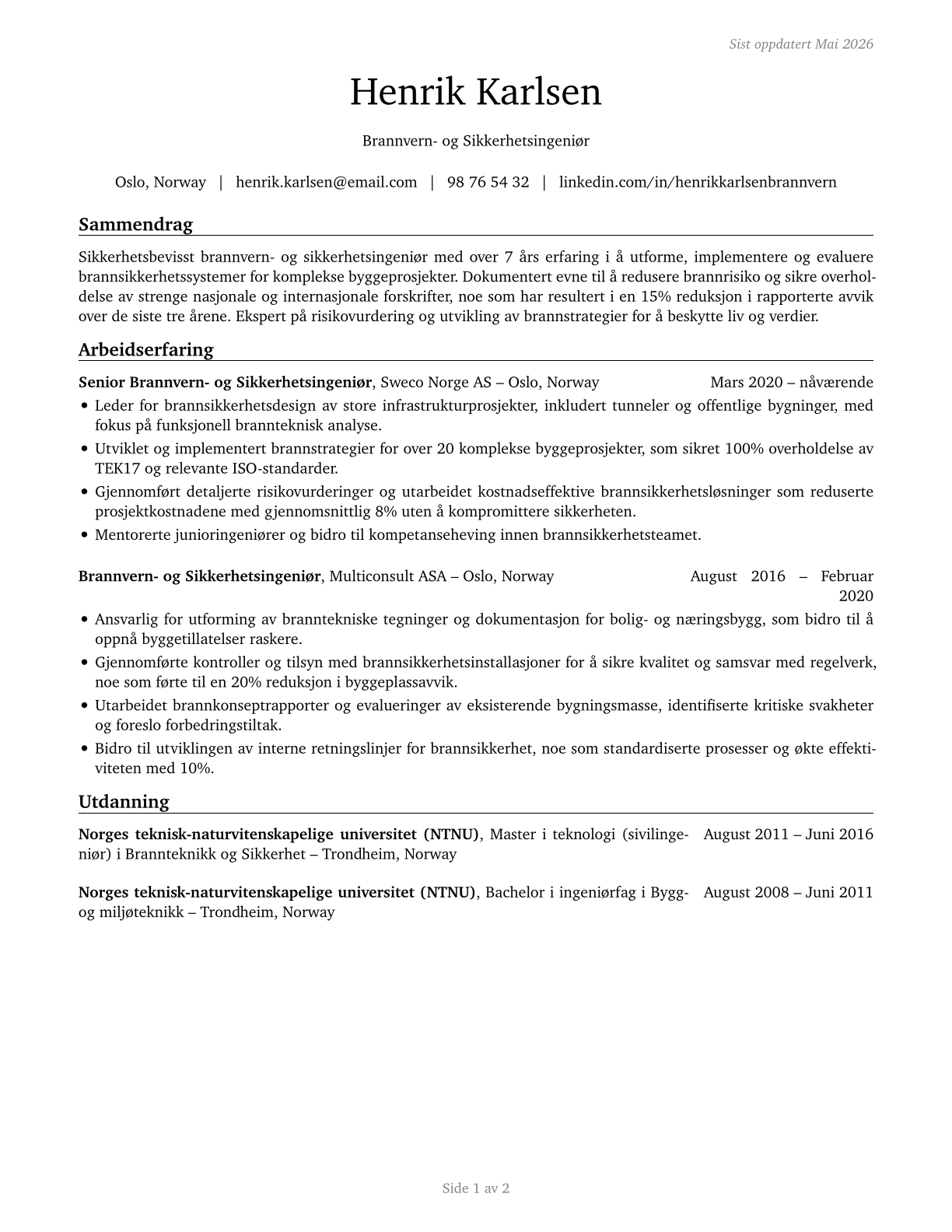 Fire-Prevention and Protection Engineers CV in Norwegian_bokmal — page 1