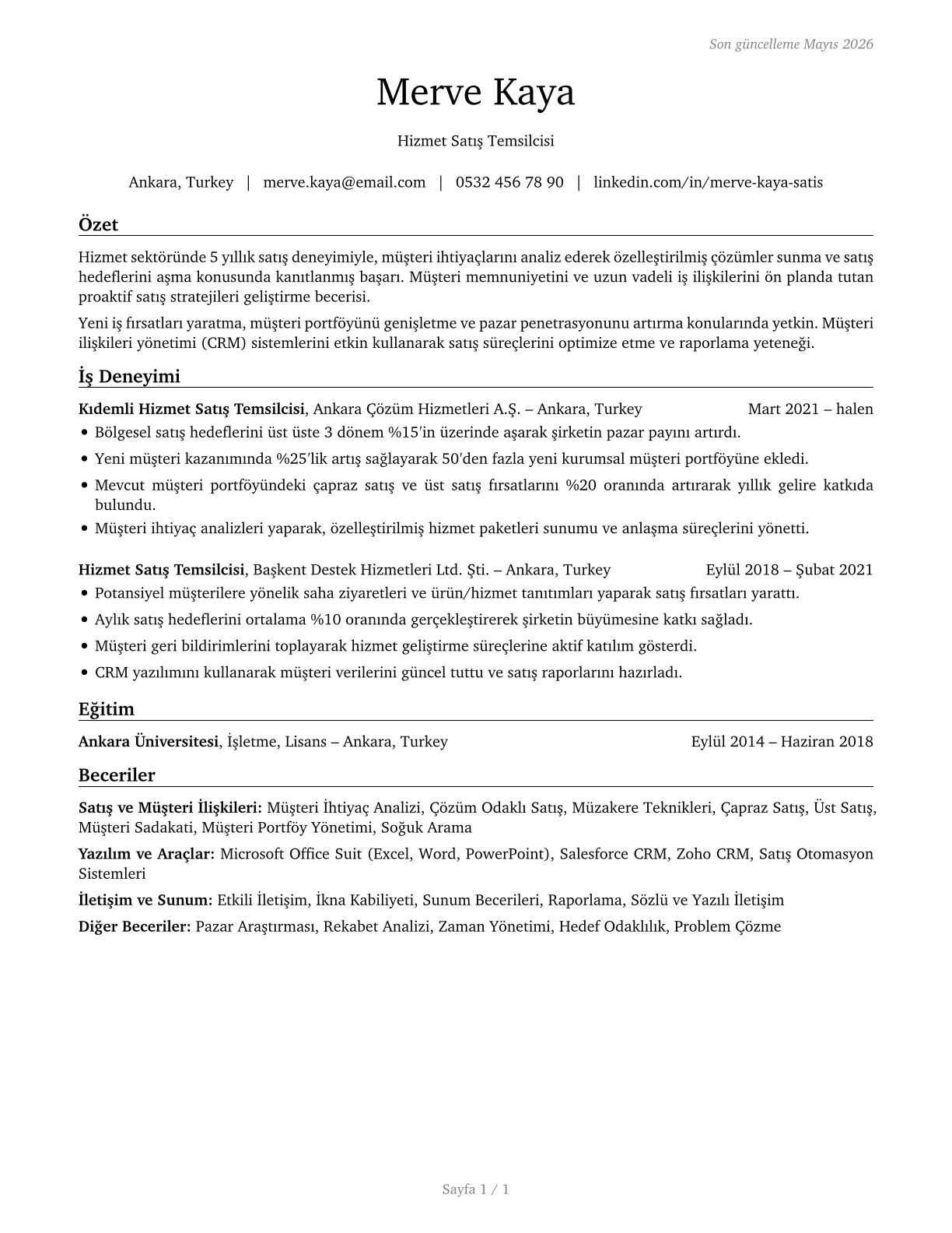 Sales Representatives of Services, Except Advertising, Insurance, Financial Services, and Travel CV in Turkish — page 1