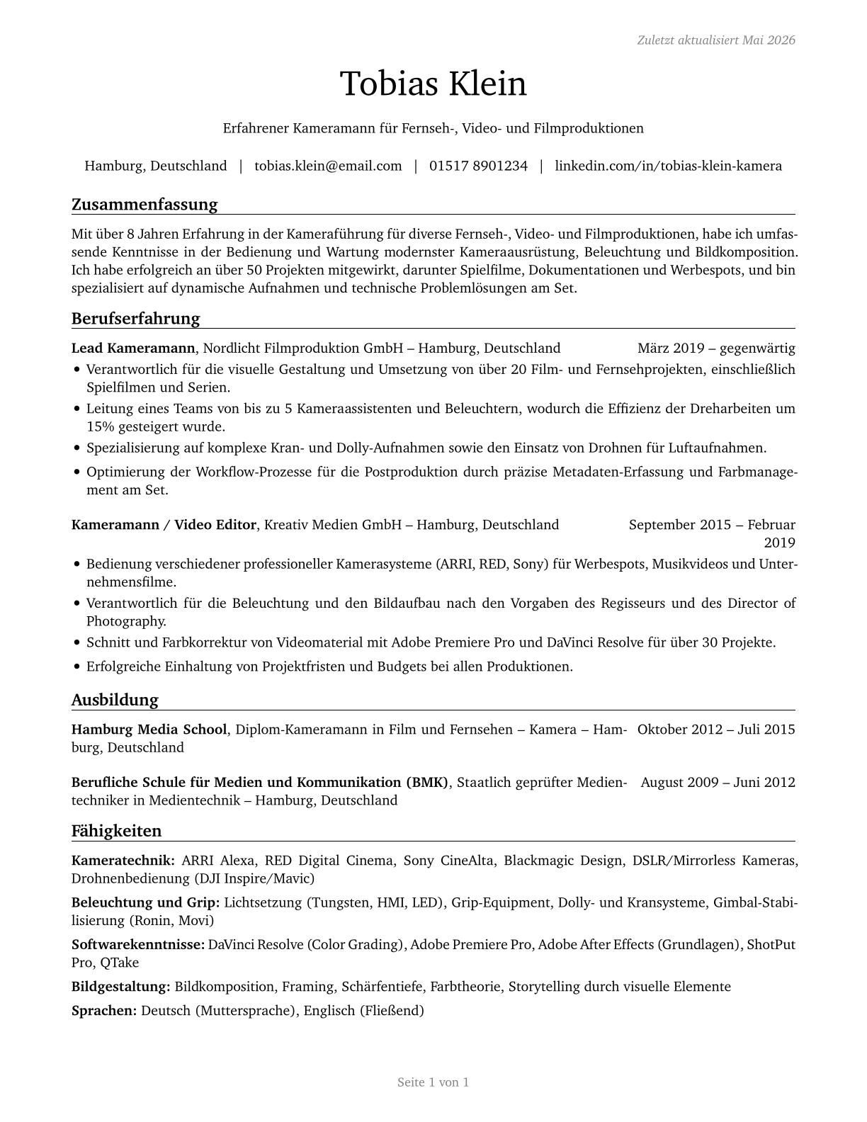 Camera Operators, Television, Video, and Film CV in German — page 1