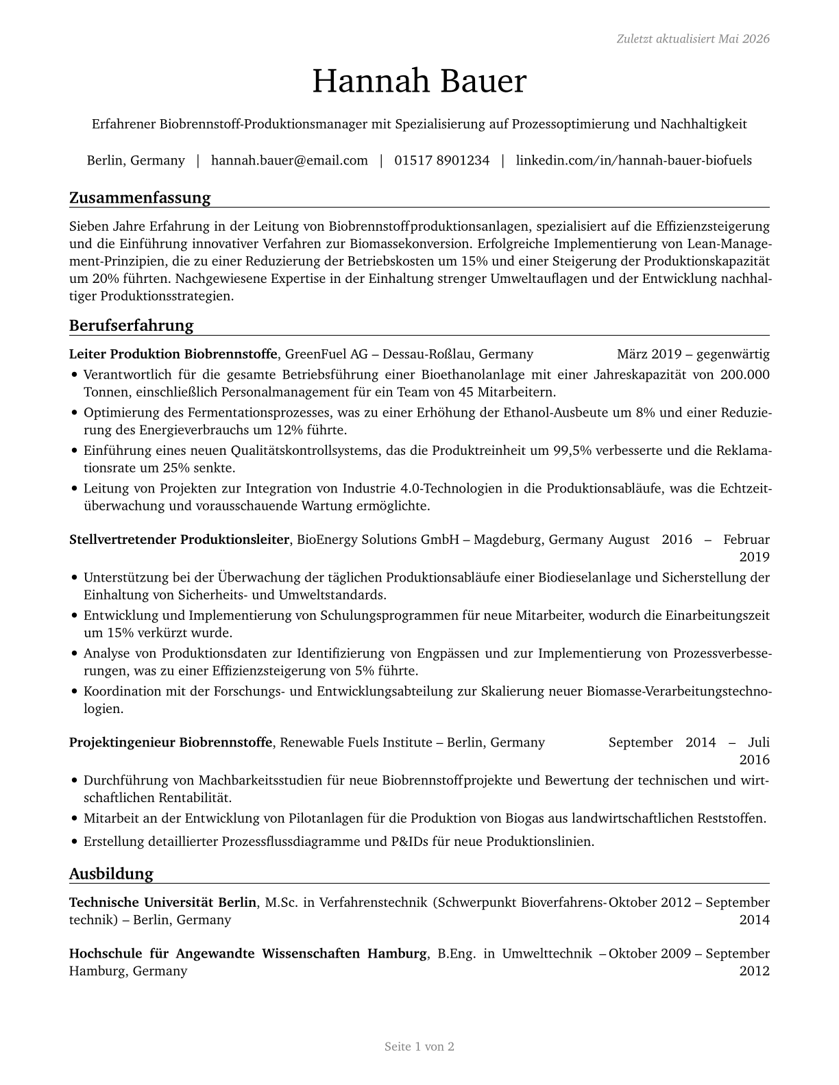 Biofuels Production Managers CV in German — page 1