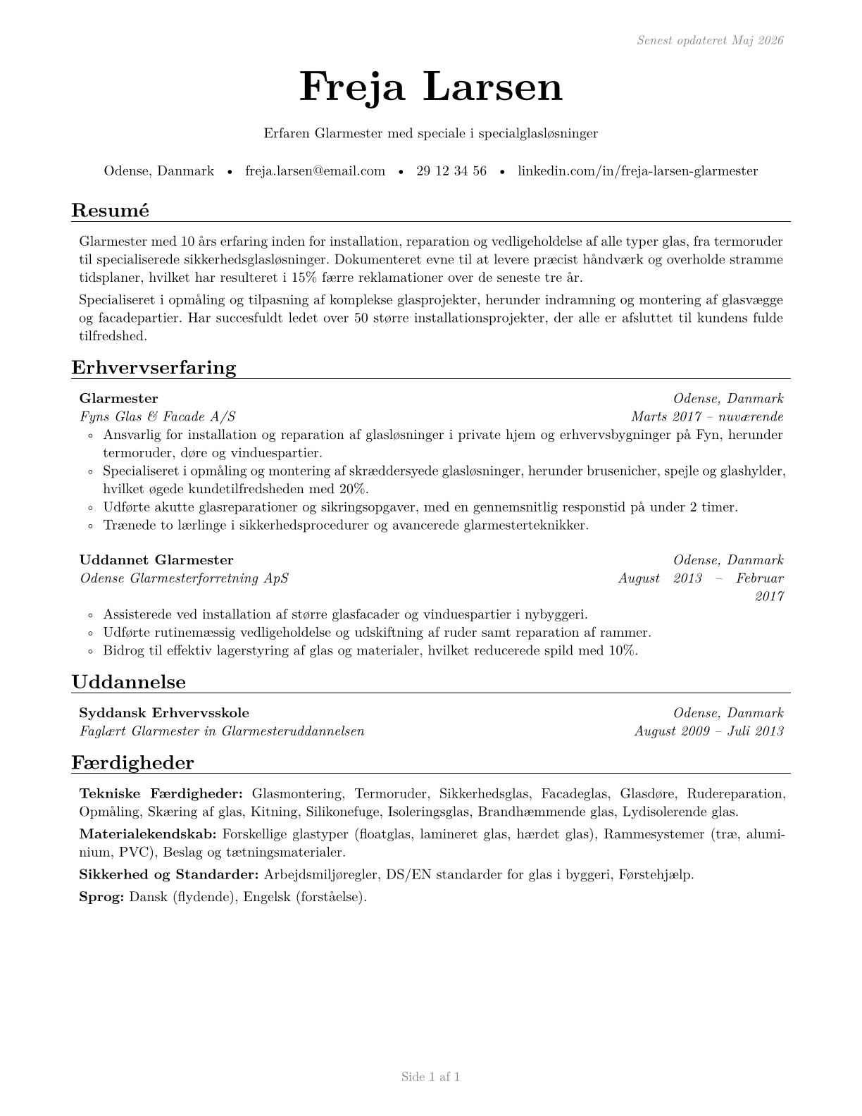 Glaziers CV in Danish — page 1