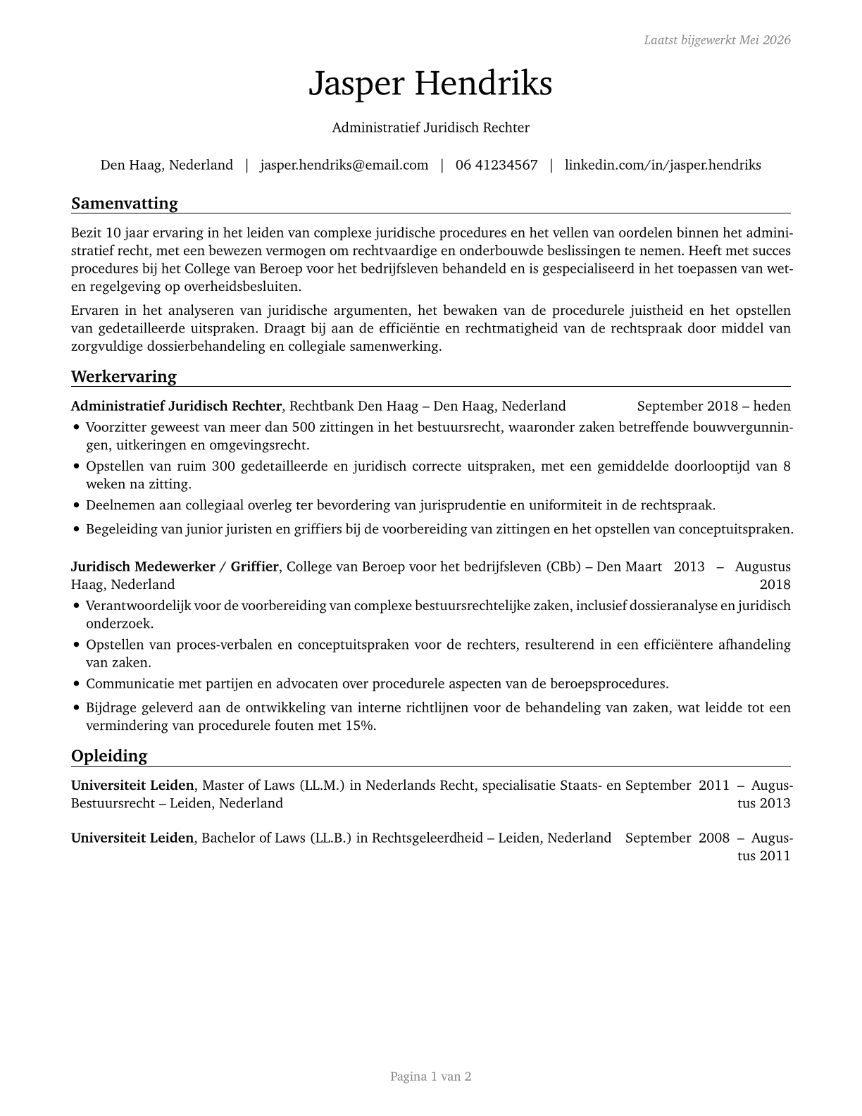 Administrative Law Judges, Adjudicators, and Hearing Officers CV in Dutch — page 1