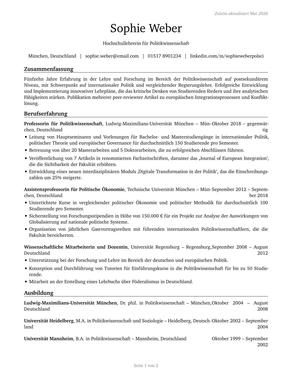 Political Science Teachers, Postsecondary CV in German — page 1