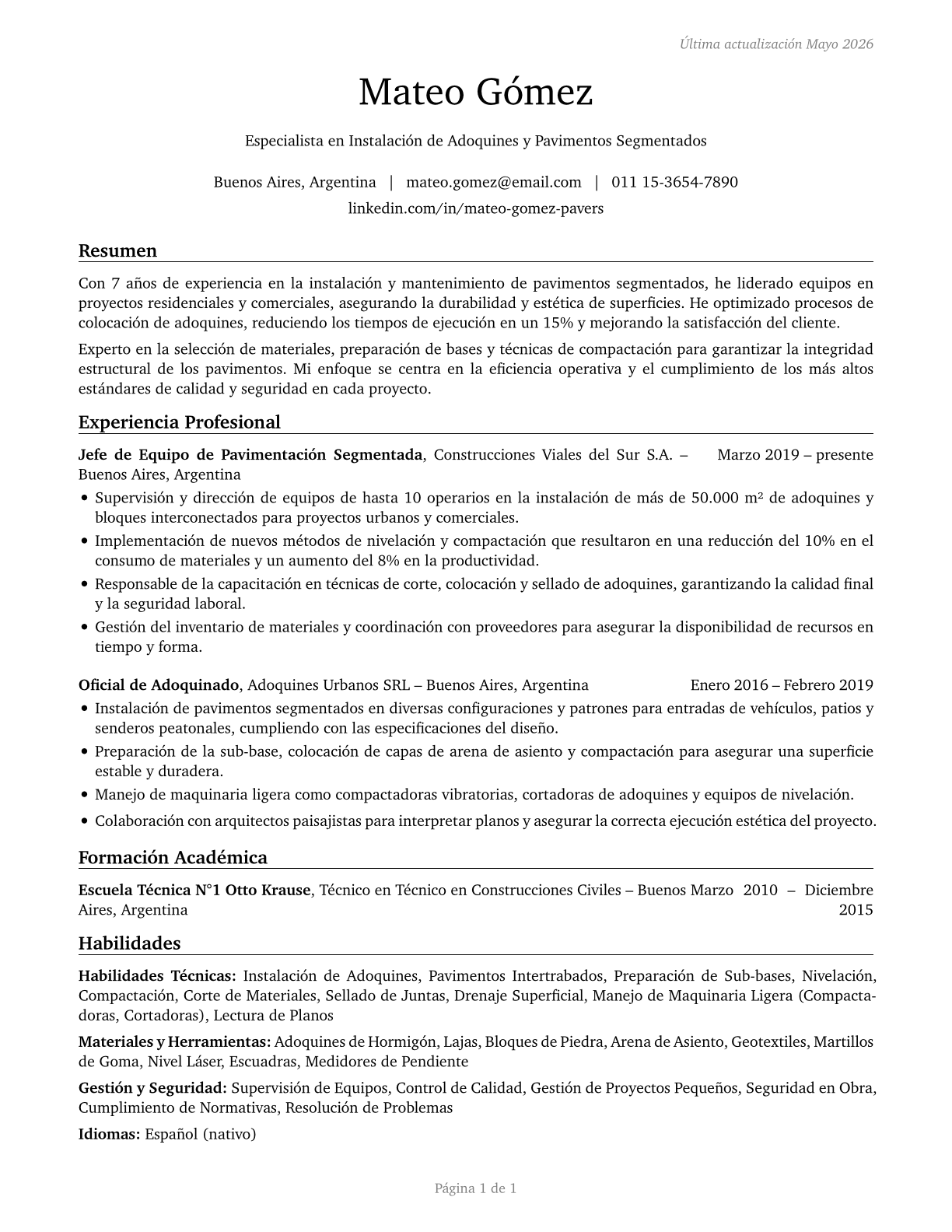Segmental Pavers CV in Spanish — page 1