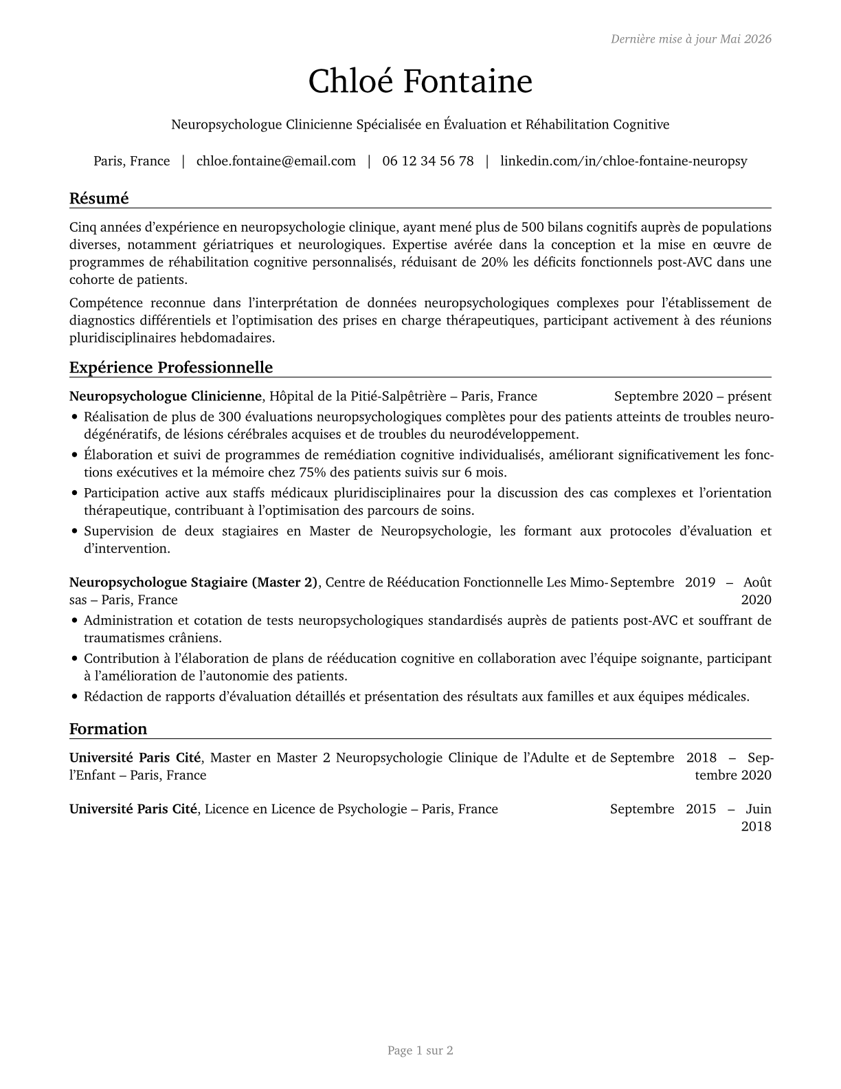Clinical Neuropsychologists CV in French — page 1