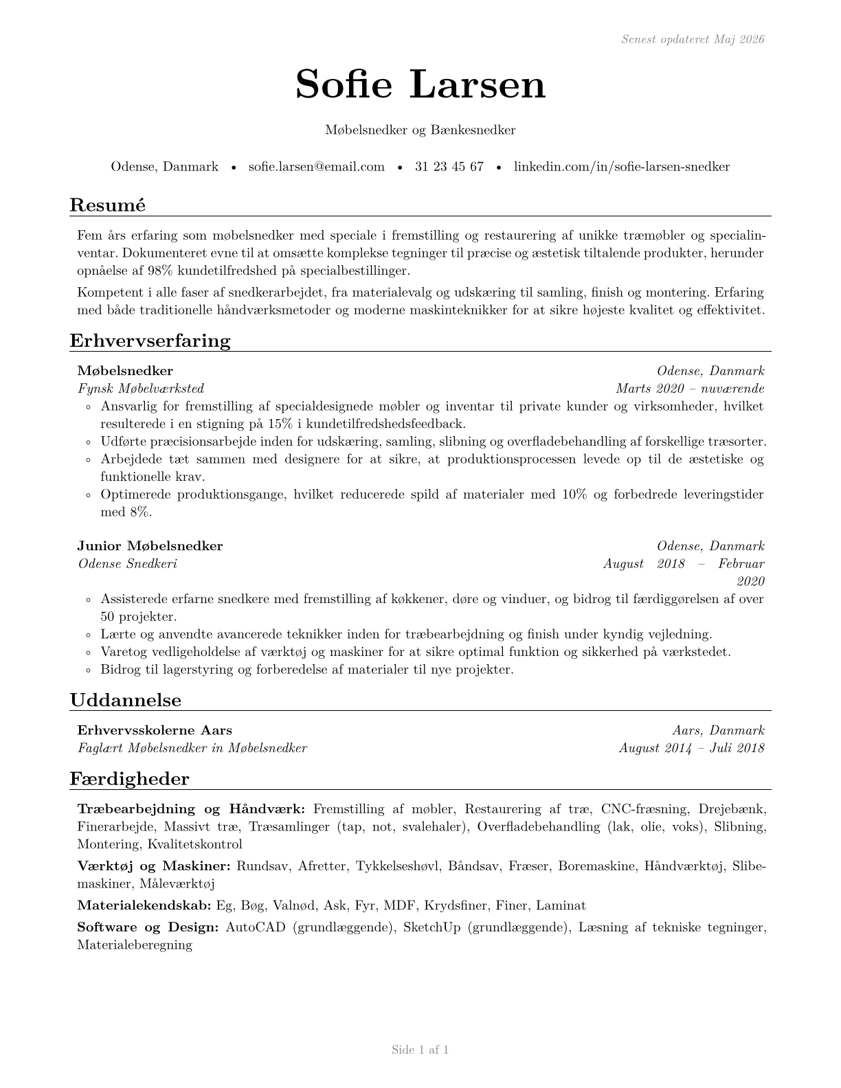 Cabinetmakers and Bench Carpenters CV in Danish — page 1