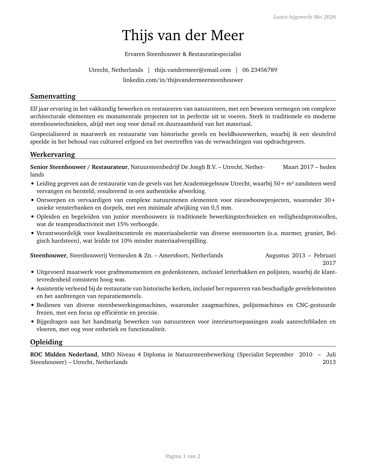 Stonemasons CV in Dutch — page 1