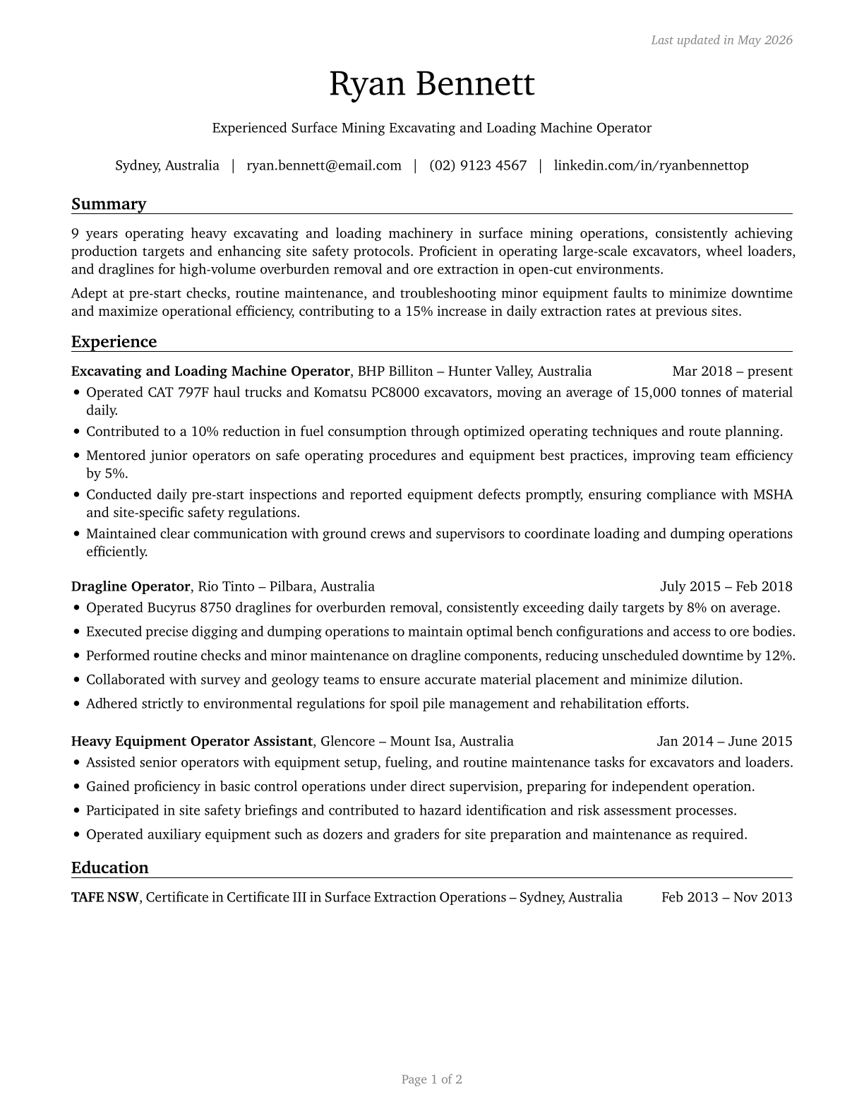 Excavating and Loading Machine and Dragline Operators, Surface Mining CV in English — page 1