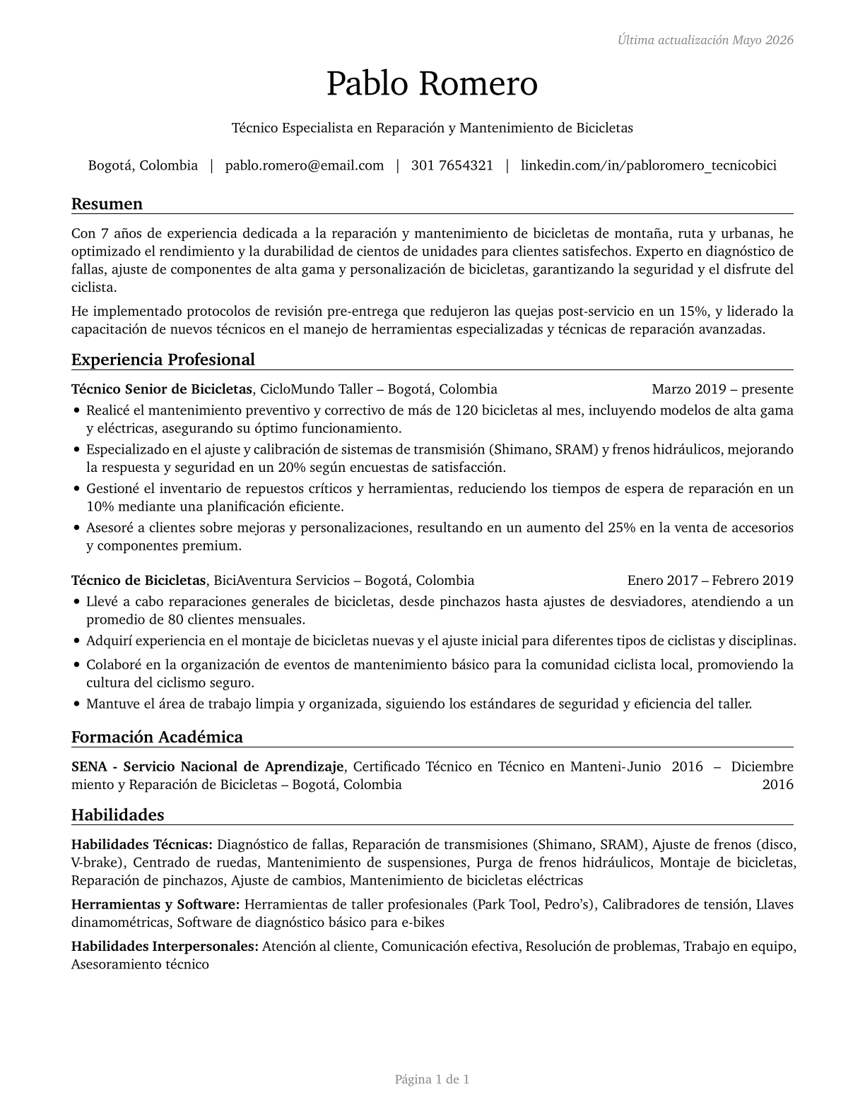 Bicycle Repairers CV in Spanish — page 1