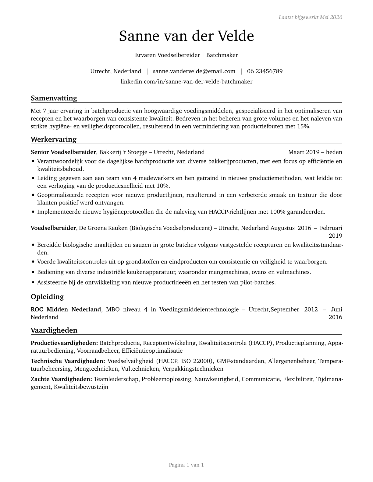 Food Batchmakers CV in Dutch — page 1