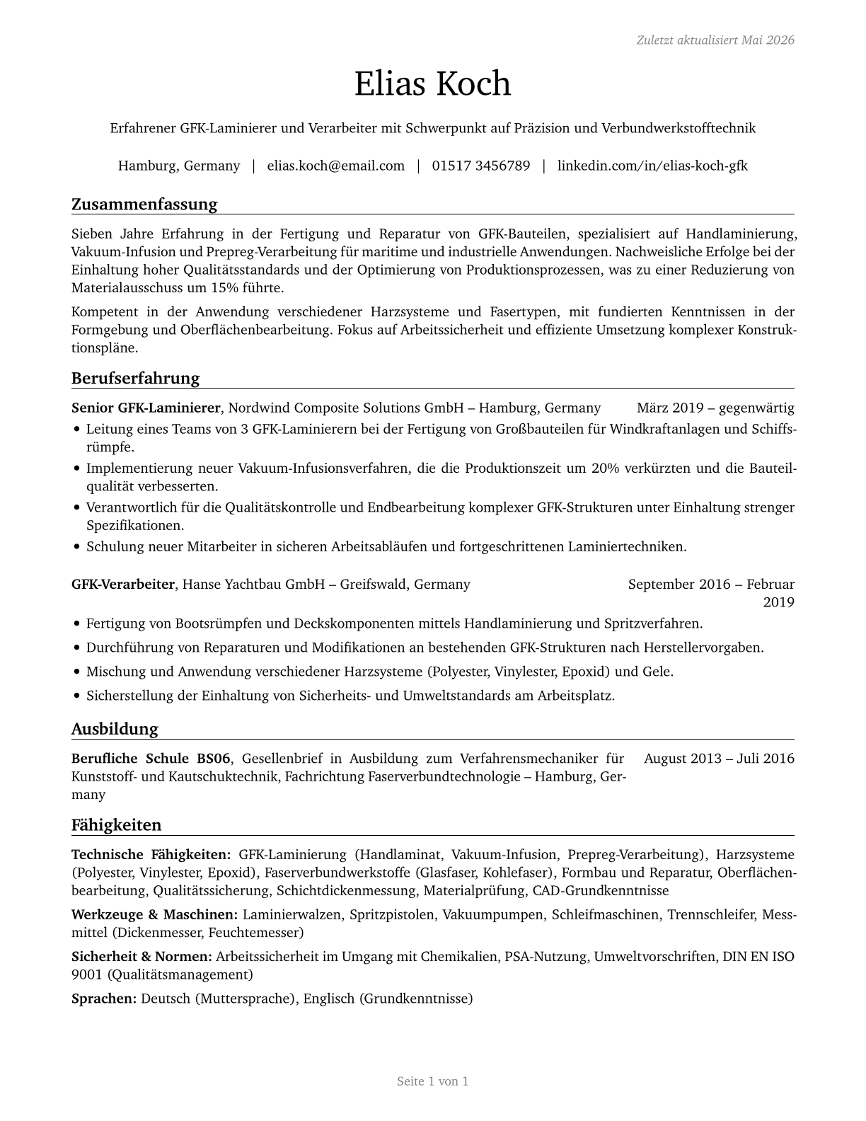 Fiberglass Laminators and Fabricators CV in German — page 1