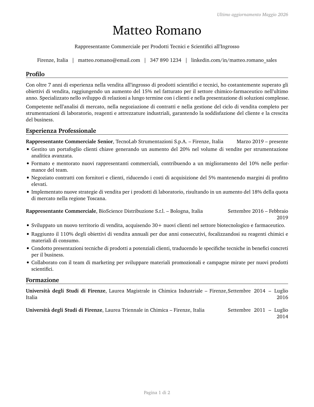 Sales Representatives, Wholesale and Manufacturing, Technical and Scientific Products CV in Italian — page 1
