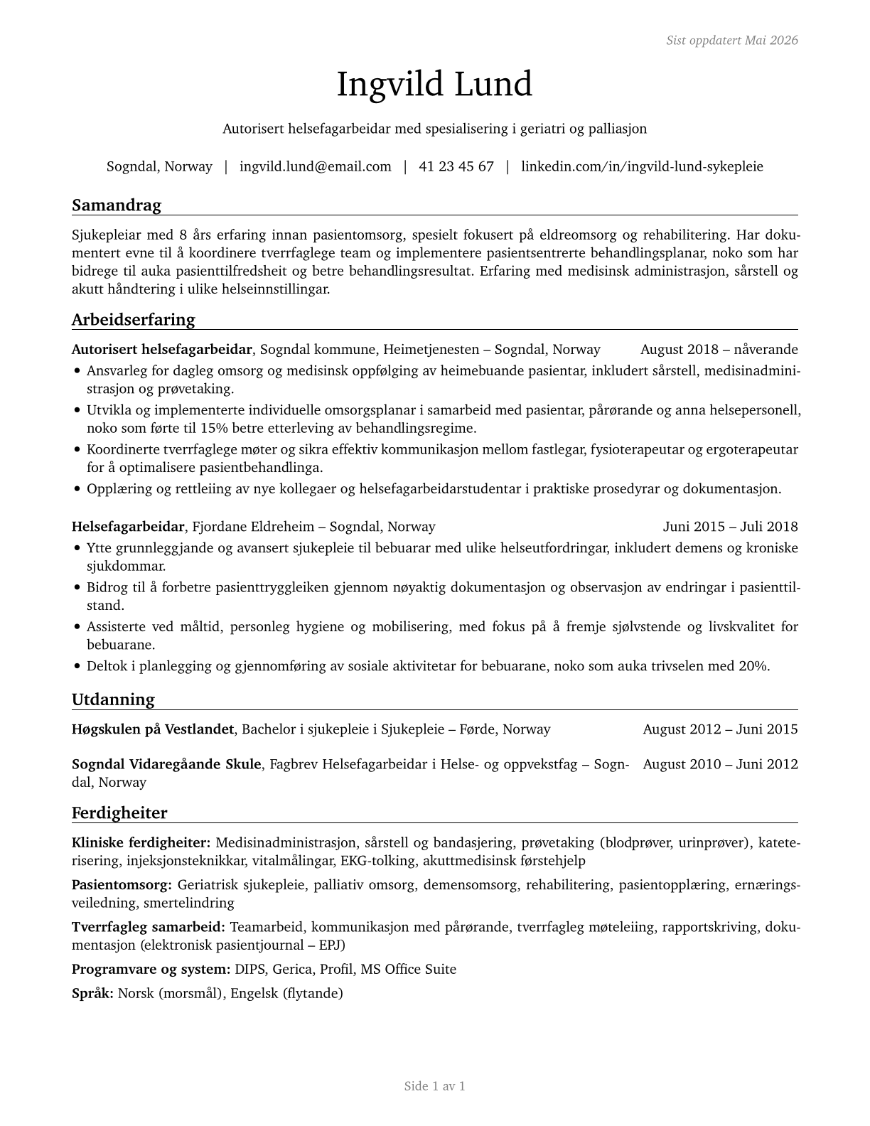 Licensed Practical and Licensed Vocational Nurses CV in Norwegian_nynorsk — page 1