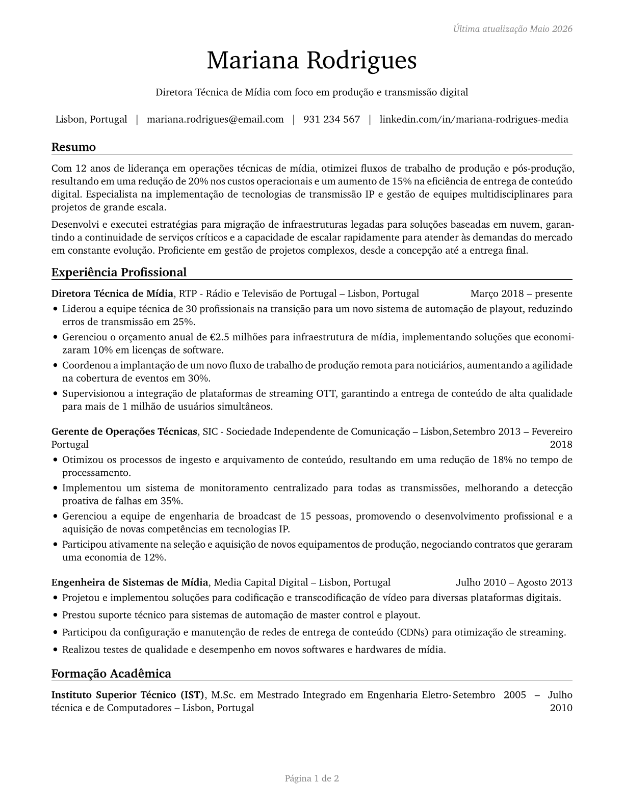 Media Technical Directors/Managers CV in Portuguese — page 1