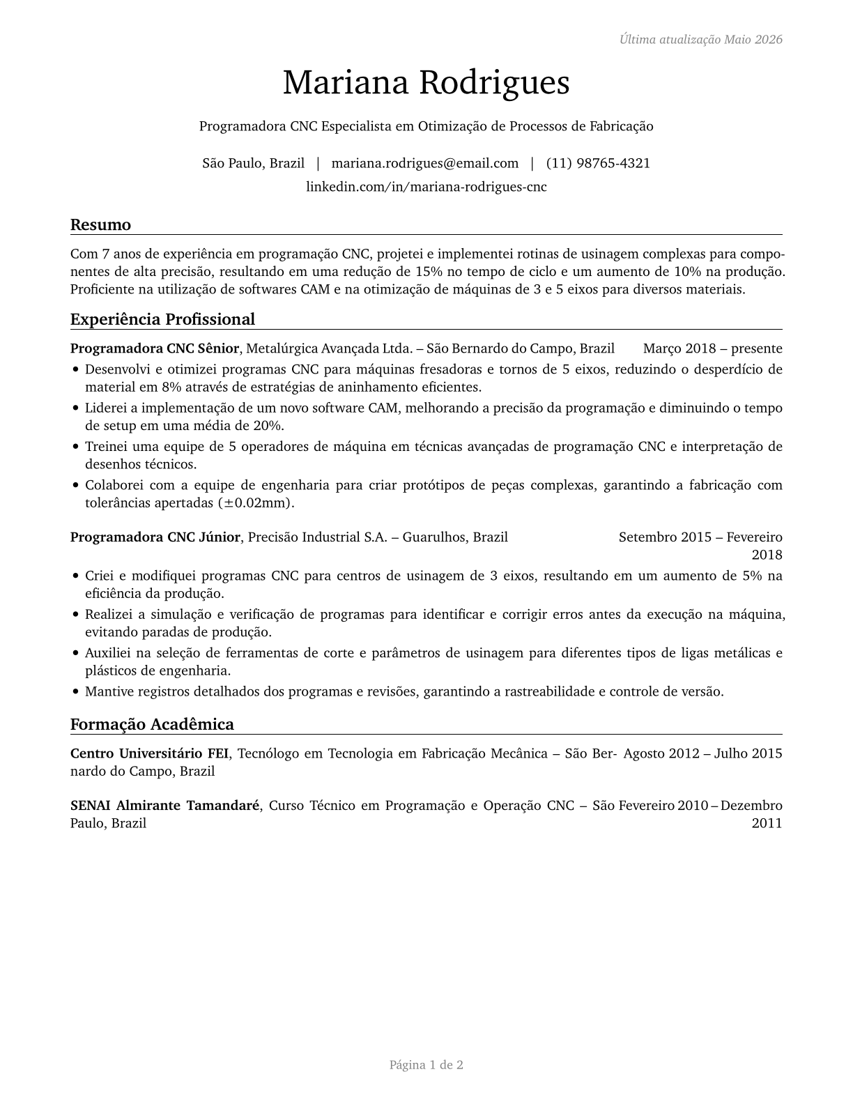 Computer Numerically Controlled Tool Programmers CV in Portuguese — page 1