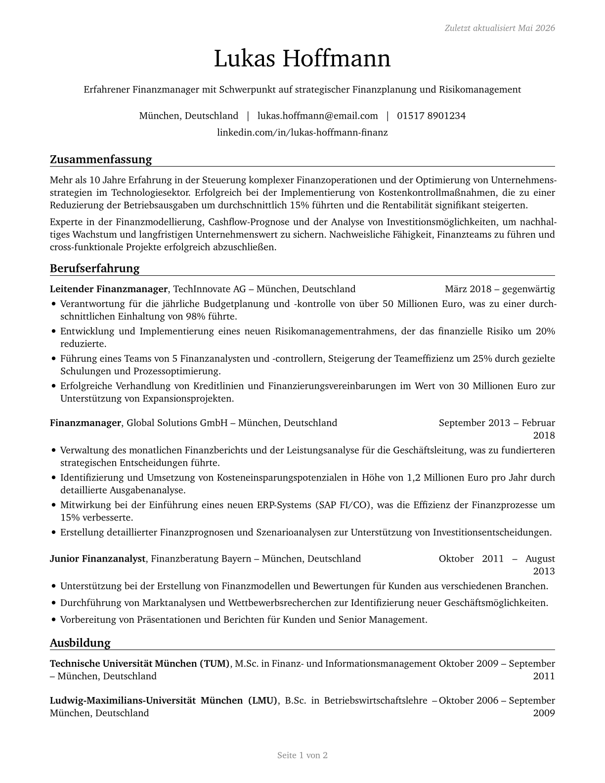 Financial Managers CV in German — page 1