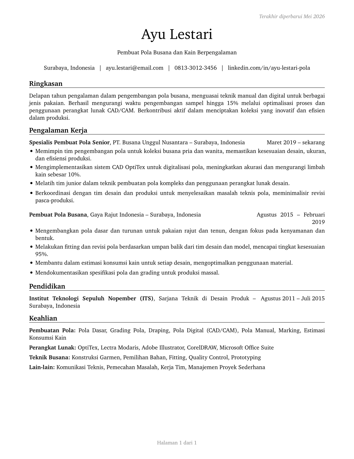 Fabric and Apparel Patternmakers CV in Indonesian — page 1