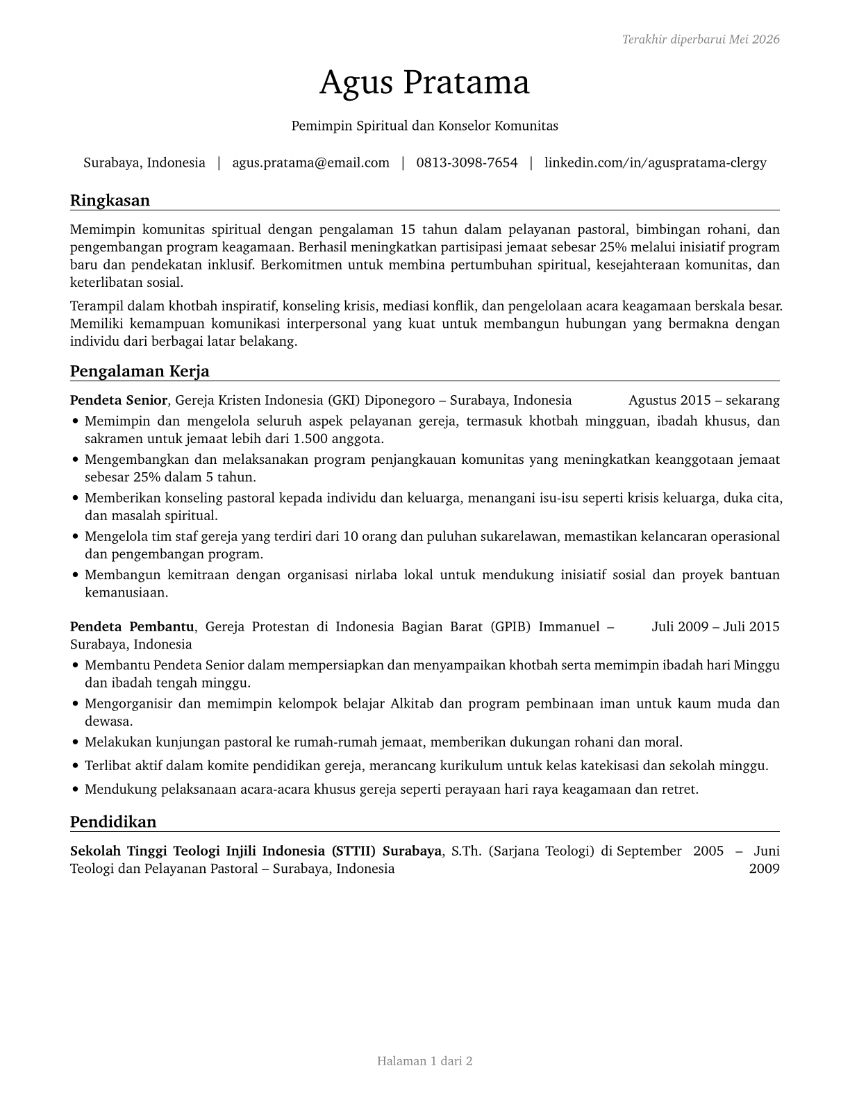 Clergy CV in Indonesian — page 1