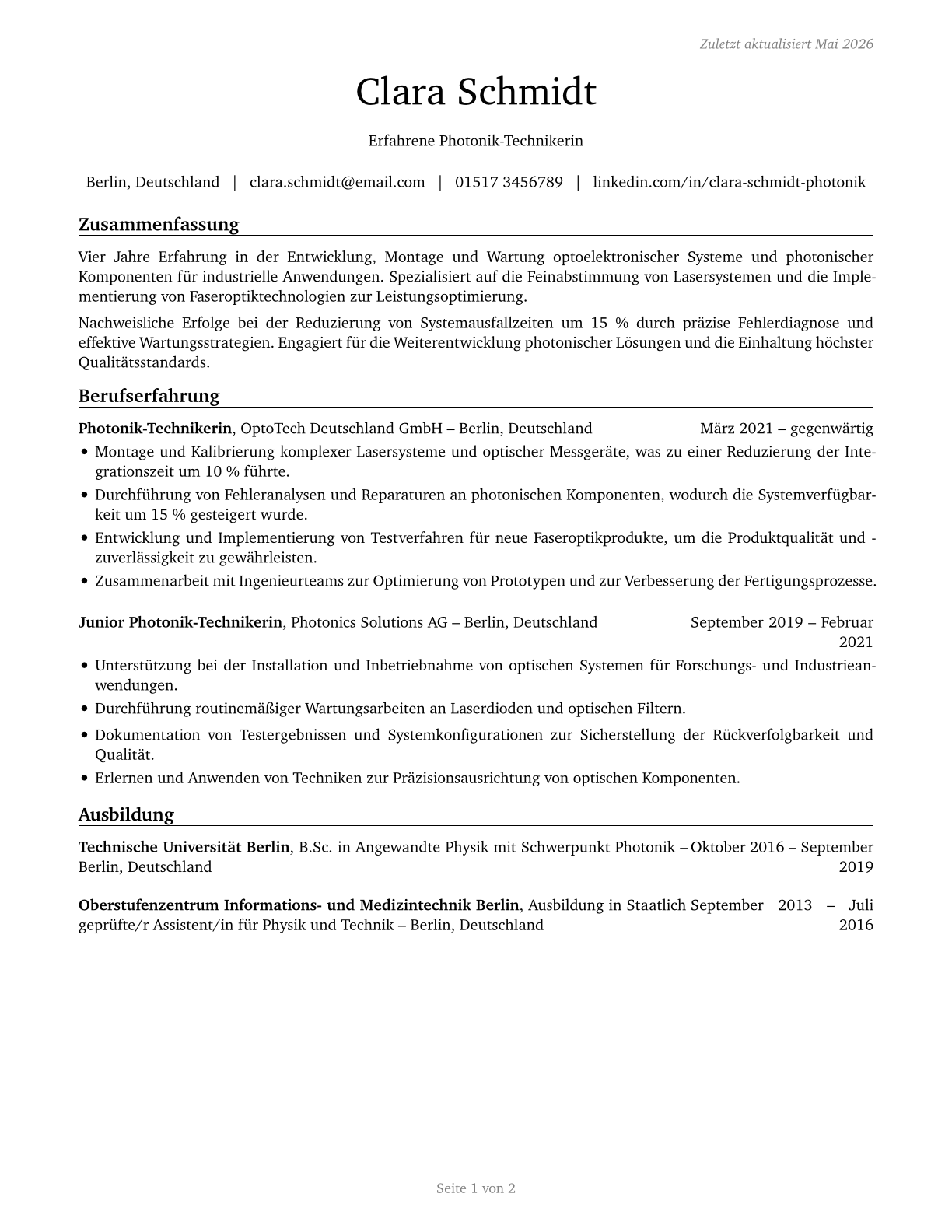 Photonics Technicians CV in German — page 1