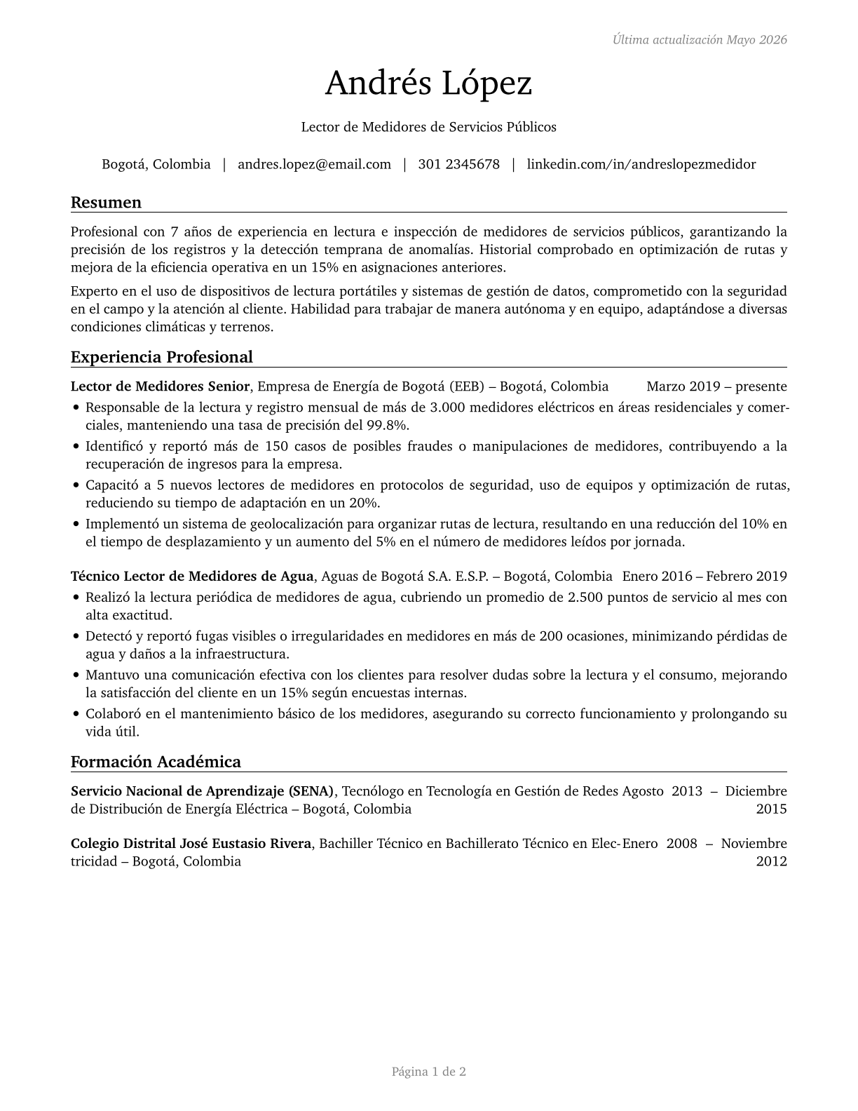 Meter Readers, Utilities CV in Spanish — page 1