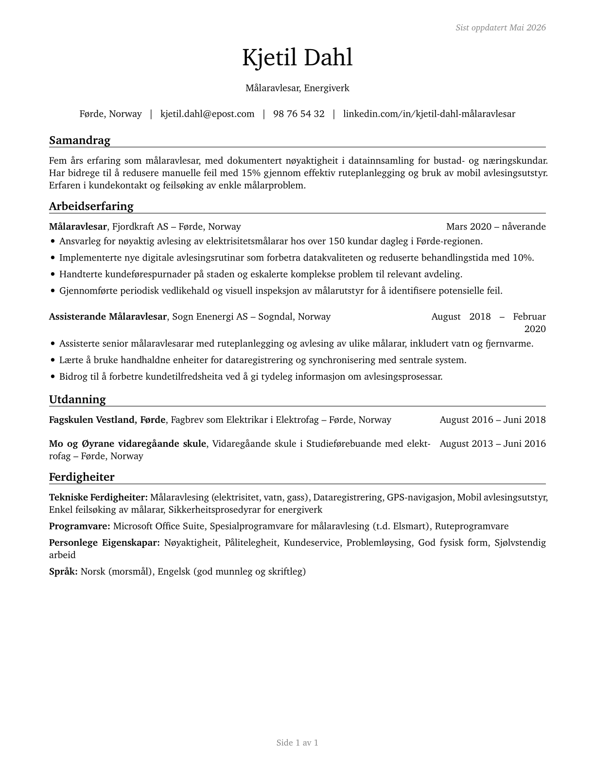 Meter Readers, Utilities CV in Norwegian_nynorsk — page 1