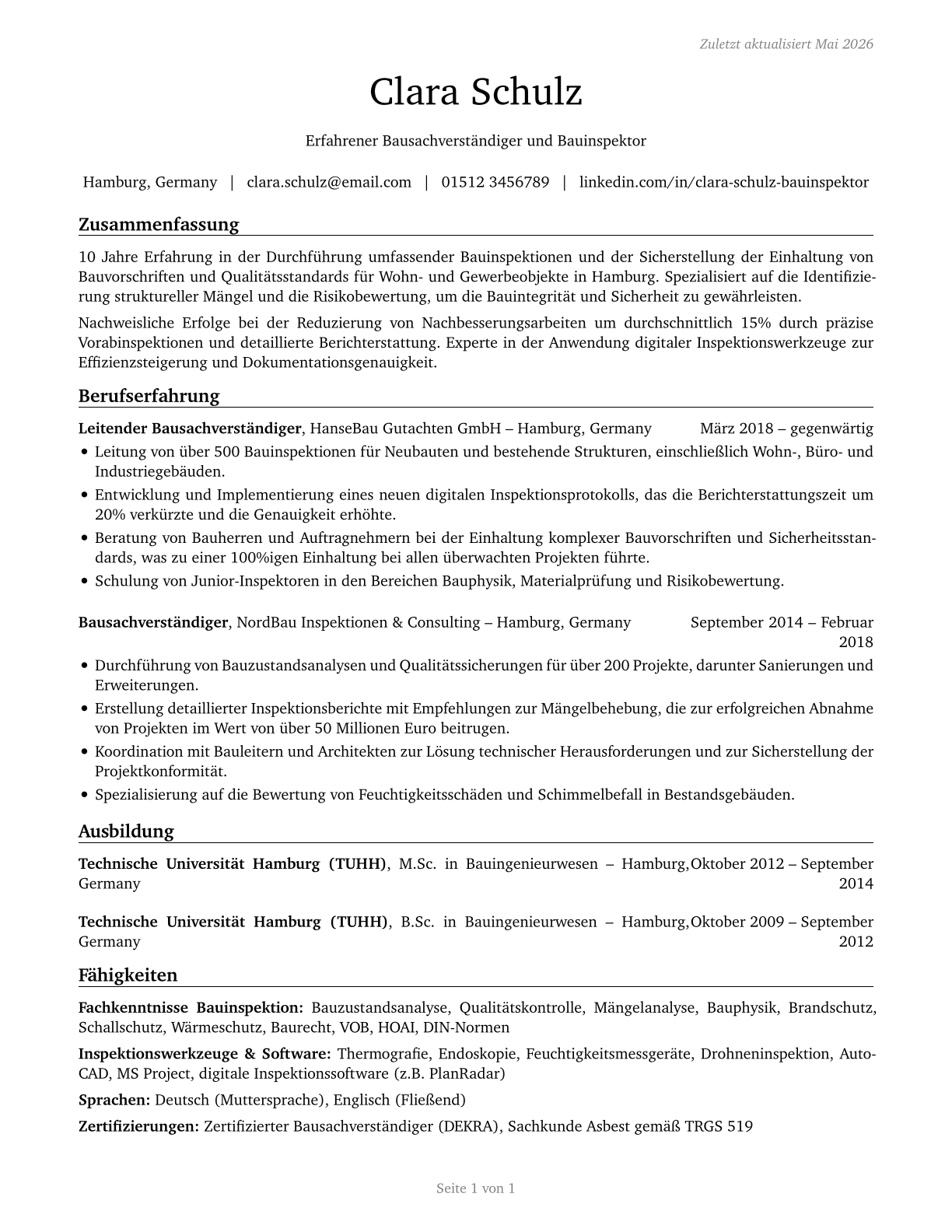 Construction and Building Inspectors CV in German — page 1