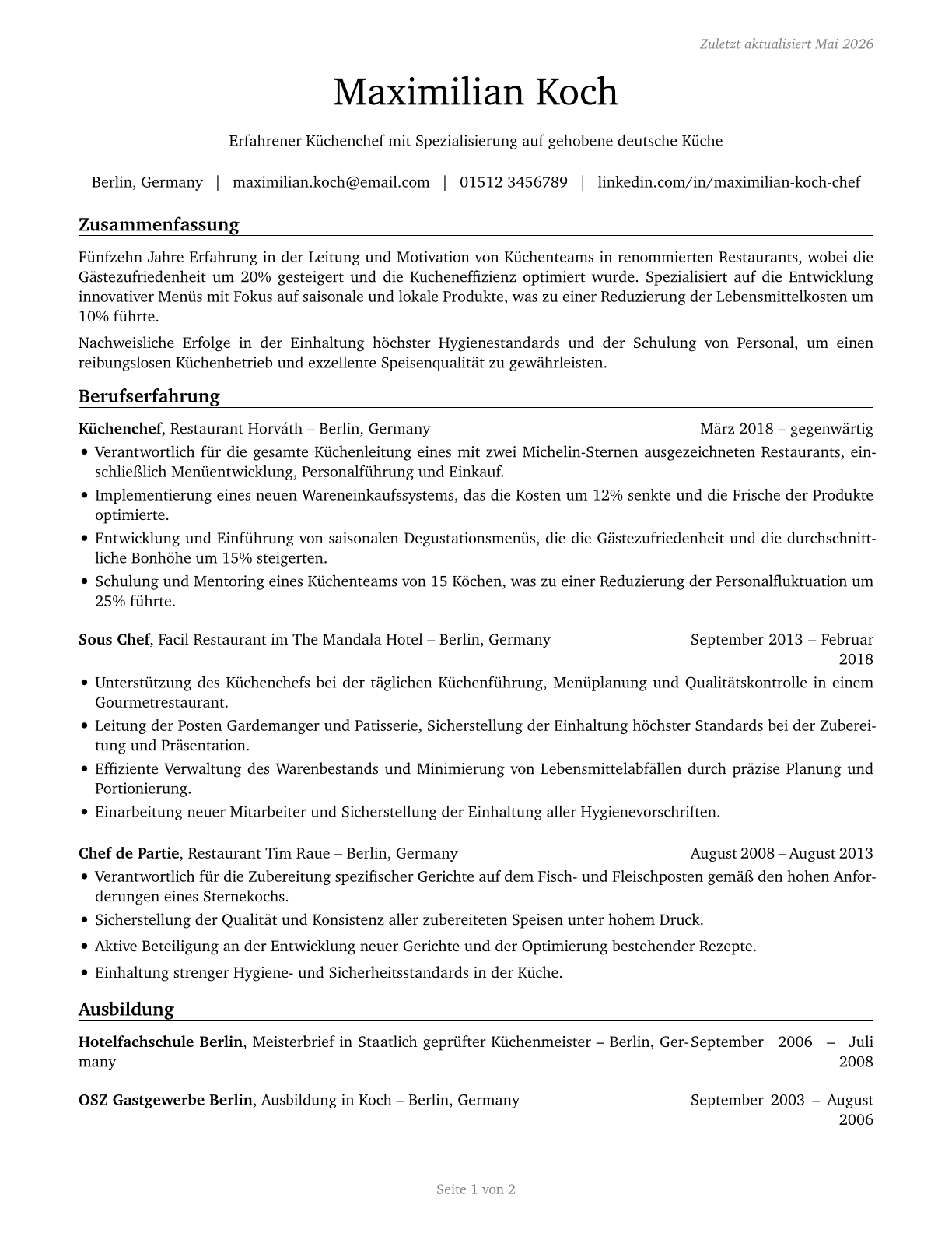 Chefs and Head Cooks CV in German — page 1